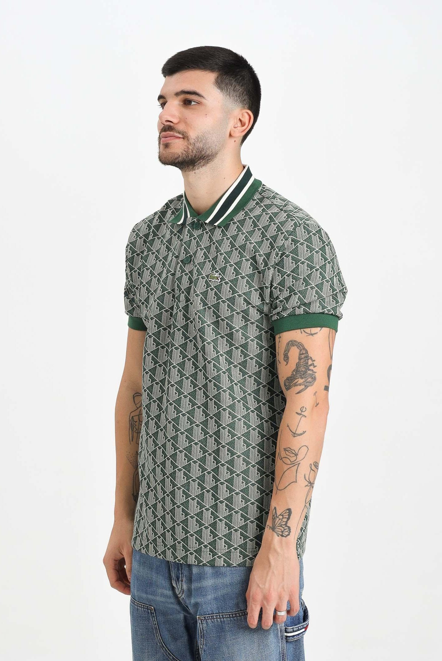 LACOSTE Polo a manica corta verde da uomo in jacquard con monogramma DH1417 D1R LACOSTE