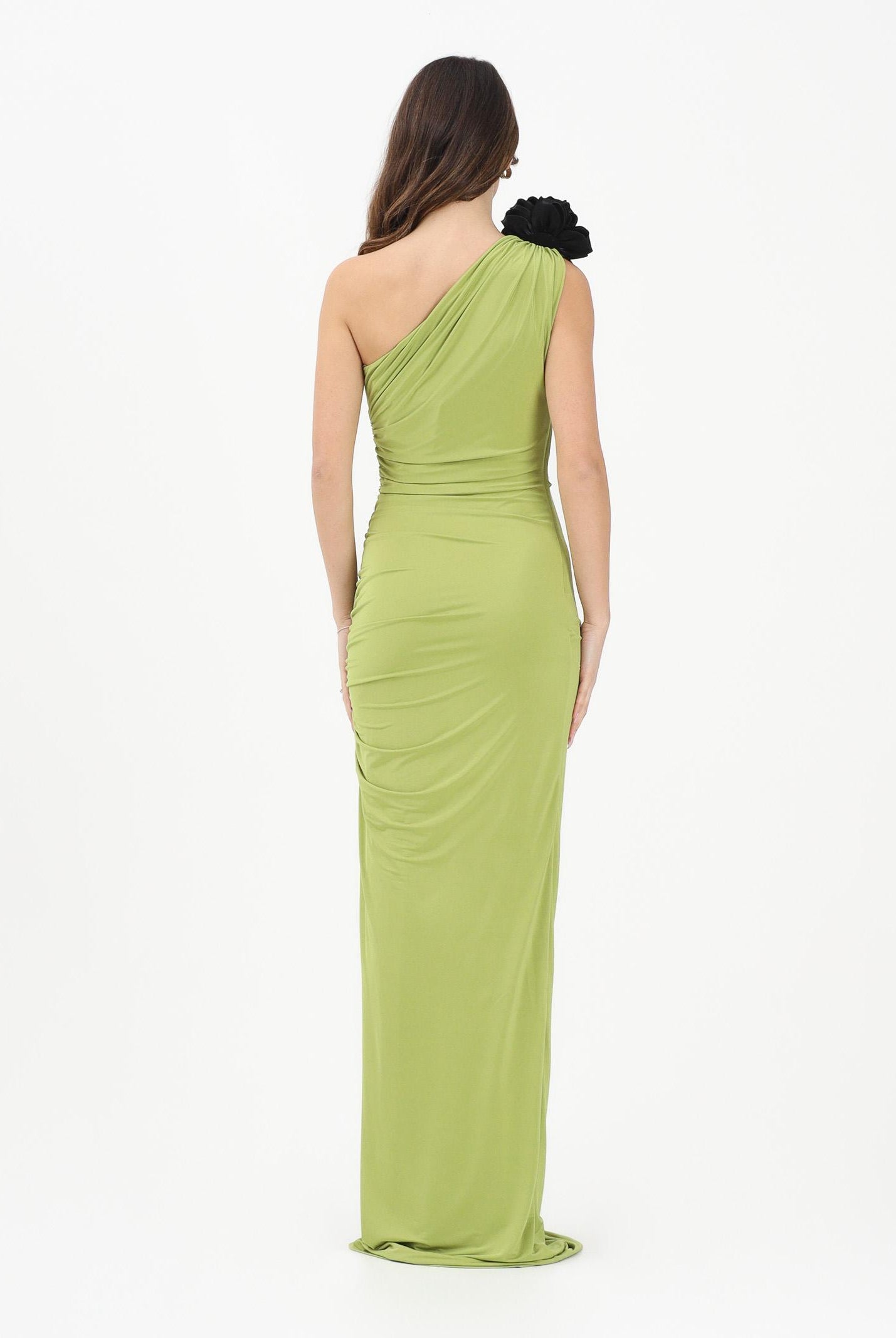 SHIT Abito lungo verde da donna con scollo asimmetrico impreziosito da spilla SH26012 AV SHIT