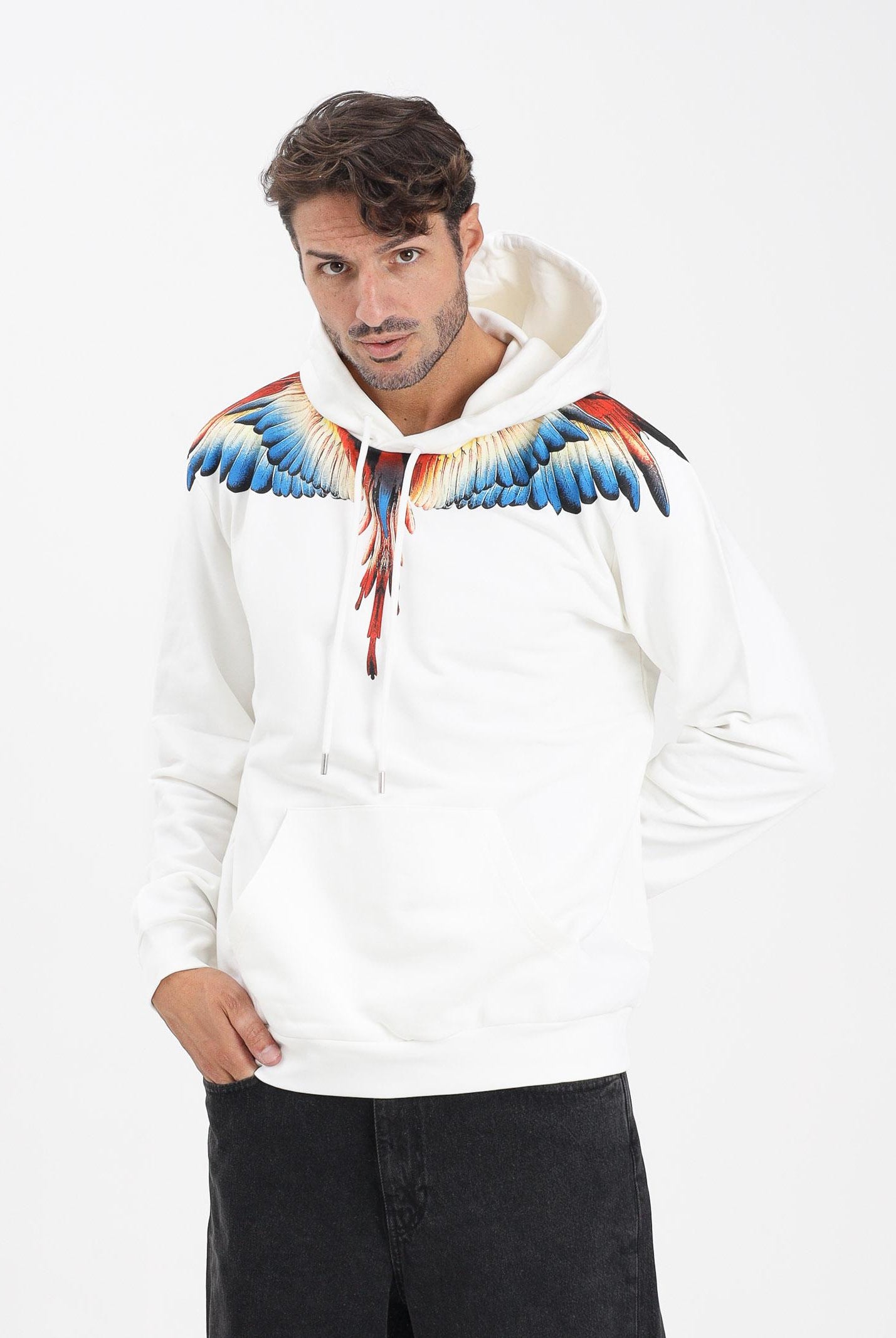 MARCELO BURLON COUNTY OF MILAN Felpa con cappuccio bianca da uomo caratterizzata da stampa ali F5CAMAHS059 013 MARCELO BURLON COUNTY OF MILAN