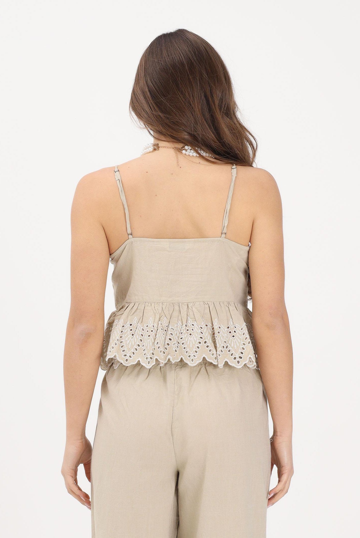 ONLY Top beige da donna con pieghe decorative e ricamo sangallo 15368892 OLGR ONLY