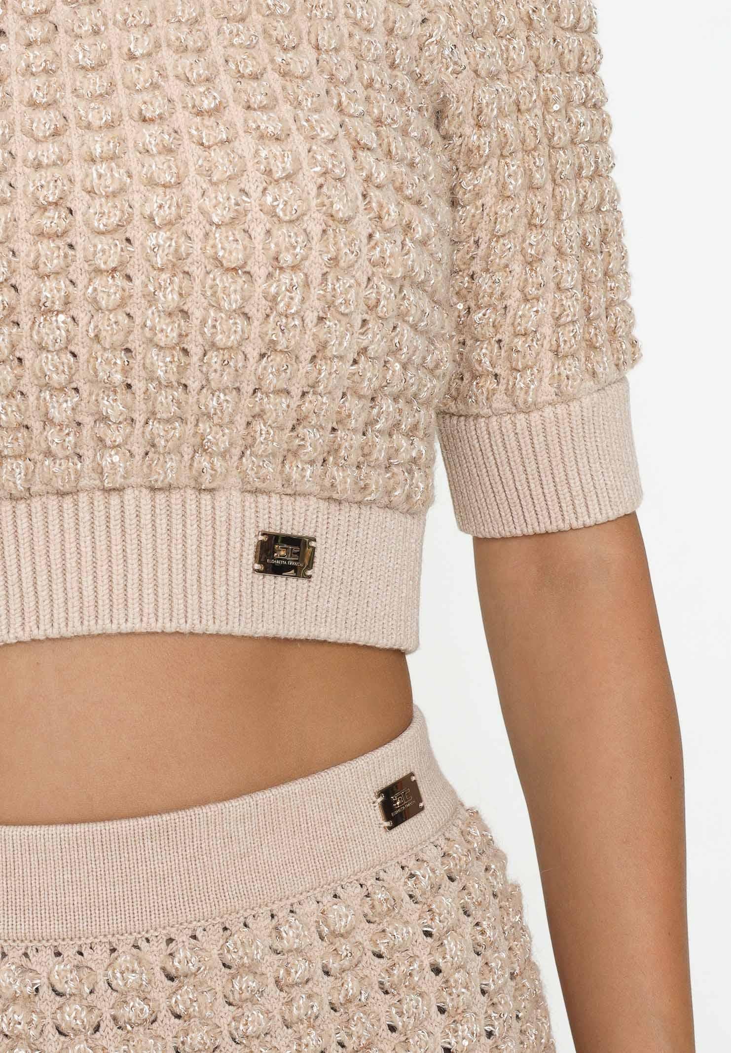 ELISABETTA FRANCHI Maglia a manica corta beige da donna con paillettes<BR/> MK18Q56E2 EA2 ELISABETTA FRANCHI