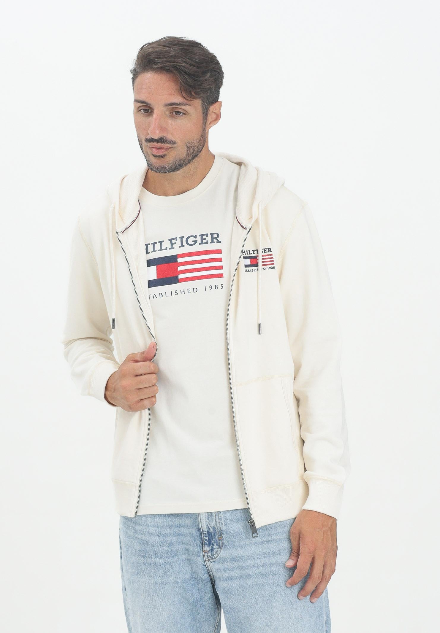 TOMMY HILFIGER Felpa con zip panna da uomo rifinita da logo MW0MW39691Z00 TOMMY HILFIGER