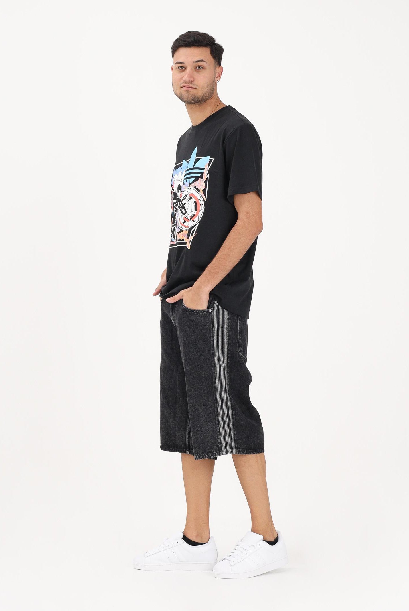 ADIDAS ORIGINALS Shorts FIREBIRD ADICOLOR in denim nero da uomo KD1498 . ADIDAS ORIGINALS