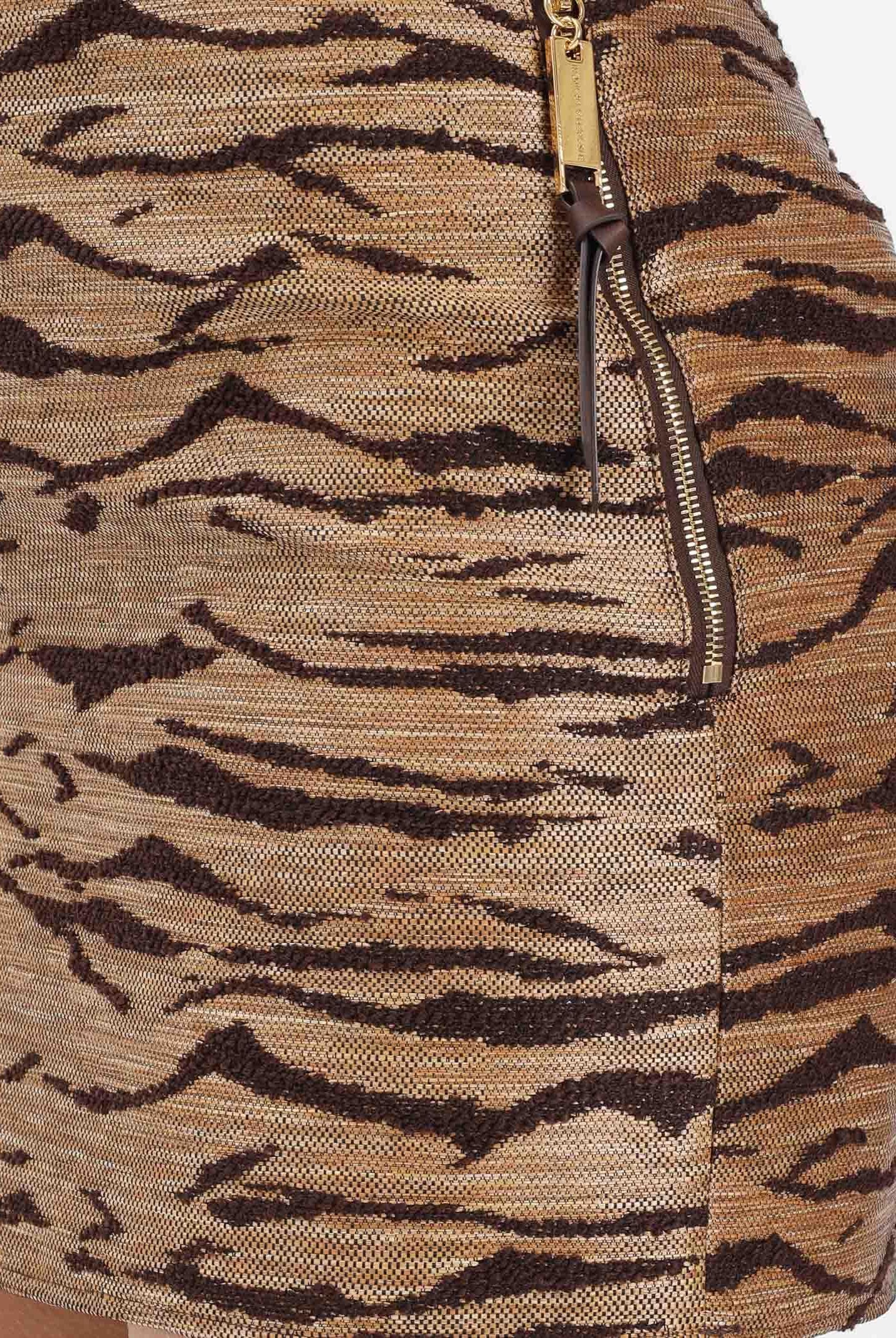 ELISABETTA FRANCHI Gonna corta beige da donna in tessuto effetto rafia con stampa tigre GO17762E2 470 ELISABETTA FRANCHI