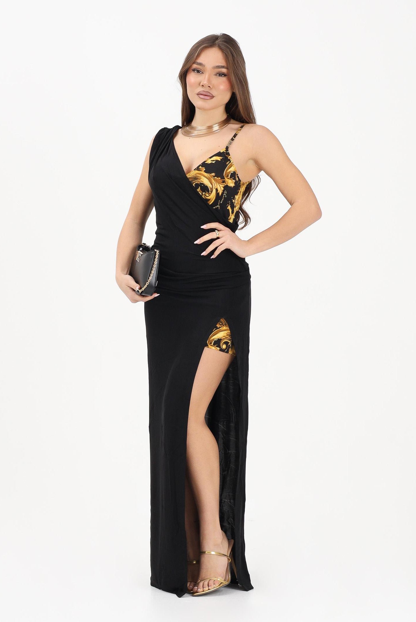 VERSACE JEANS COUTURE Abito lungo nero da donna con inserto a fantasia Wave Couture 80HAO912JS533 G89 VERSACE JEANS COUTURE