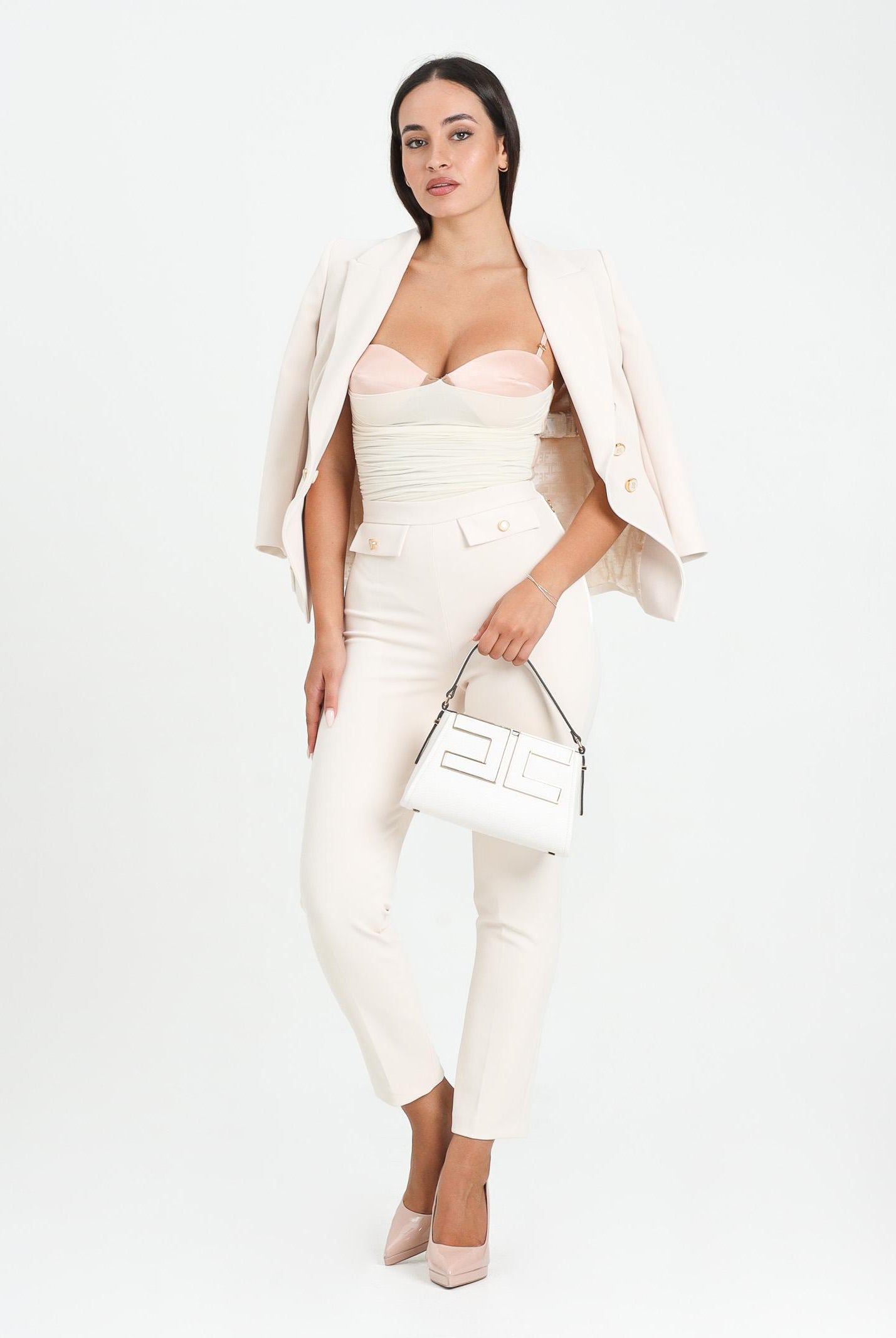 ELISABETTA FRANCHI Pantalone elegante color latte da donna in doppio crêpe PA12056E2 DZ9 ELISABETTA FRANCHI