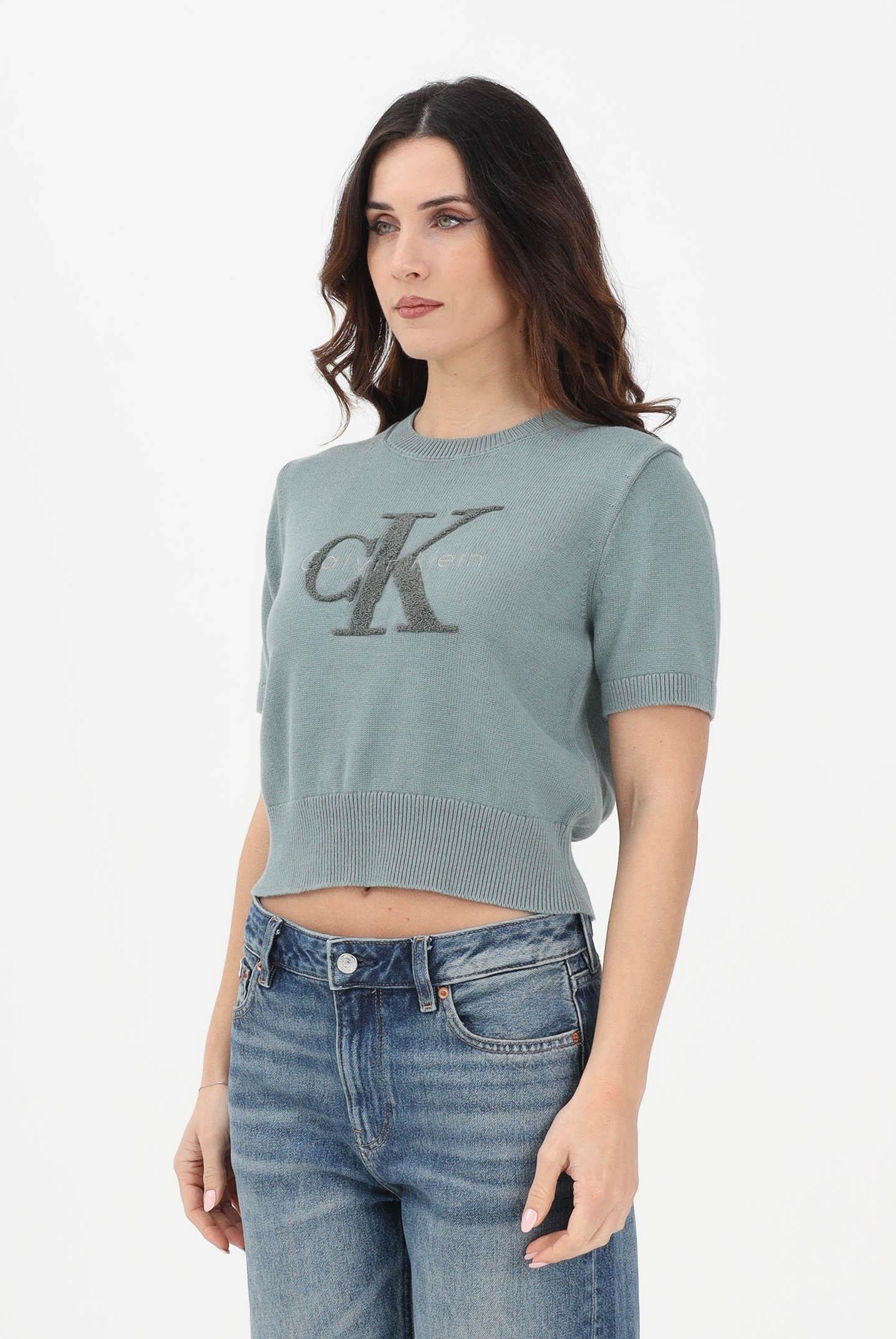 CALVIN KLEIN JEANS Maglia a manica corta verde salvia da donna con logo LV044E306GPNO . CALVIN KLEIN JEANS