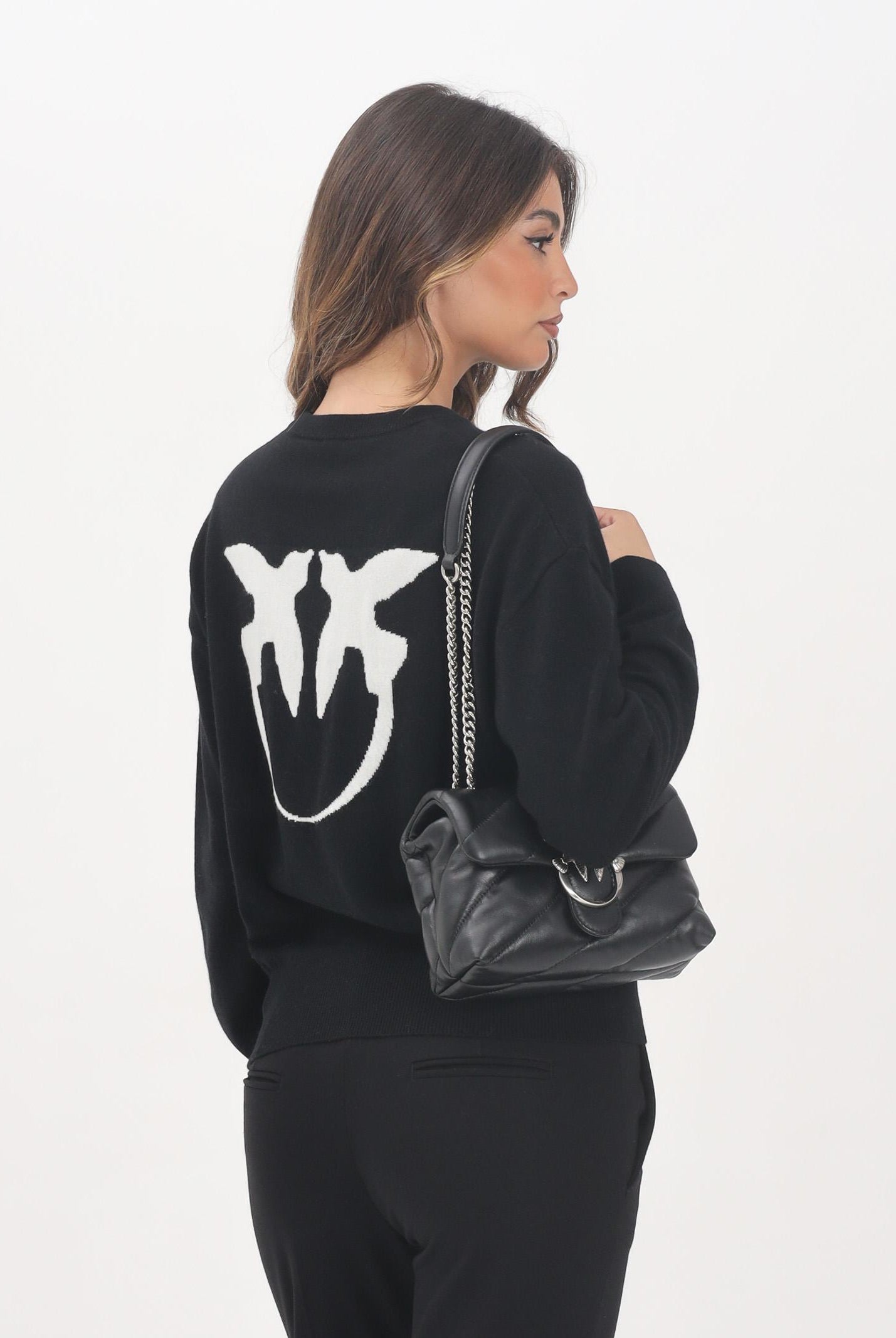 PINKO Maglioncino girocollo nero da donna con maxi logo 105561A2SI ZZ2 PINKO