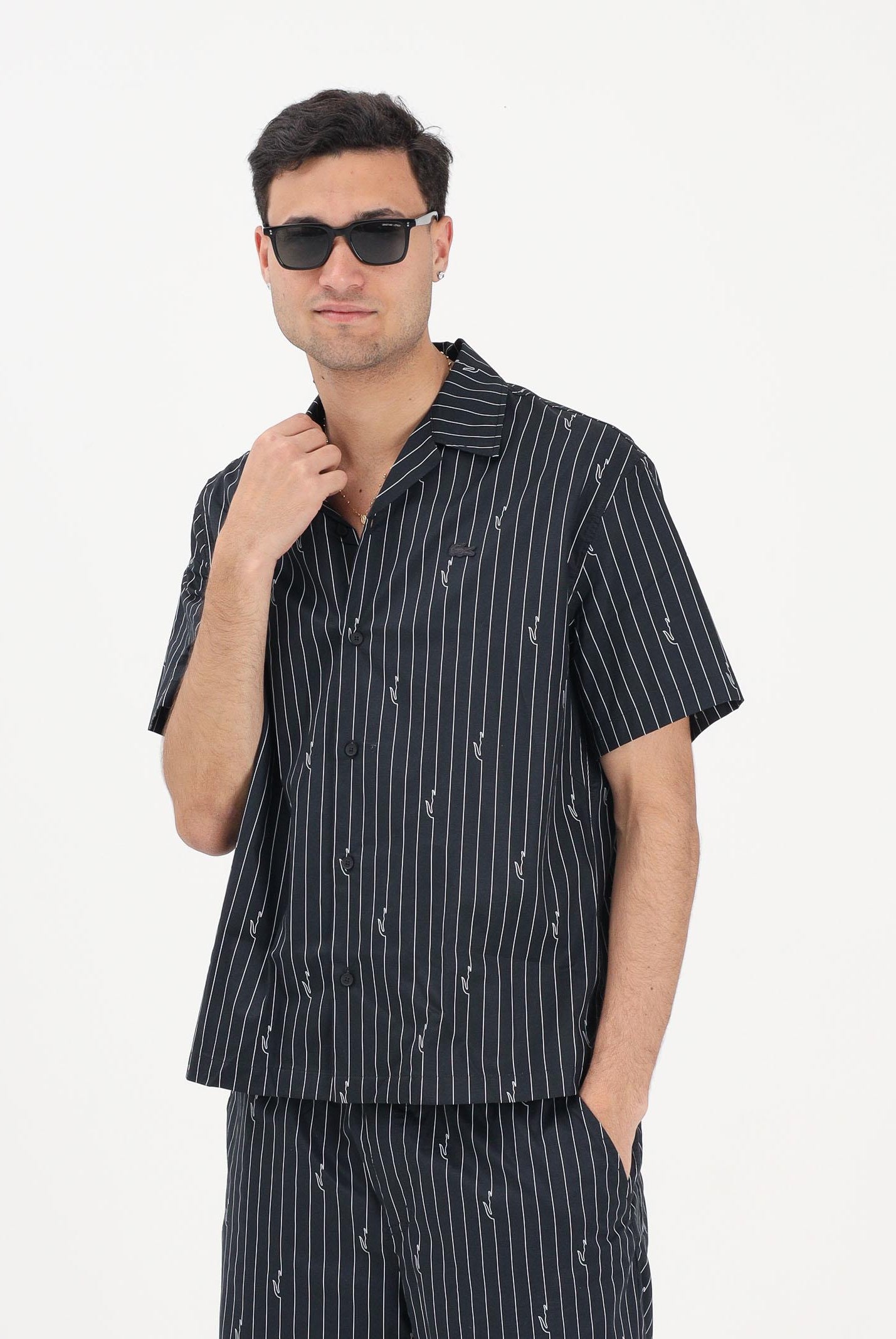 LACOSTE Camicia a manica corta nera da uomo in twill stampata CH2343 IY8 LACOSTE