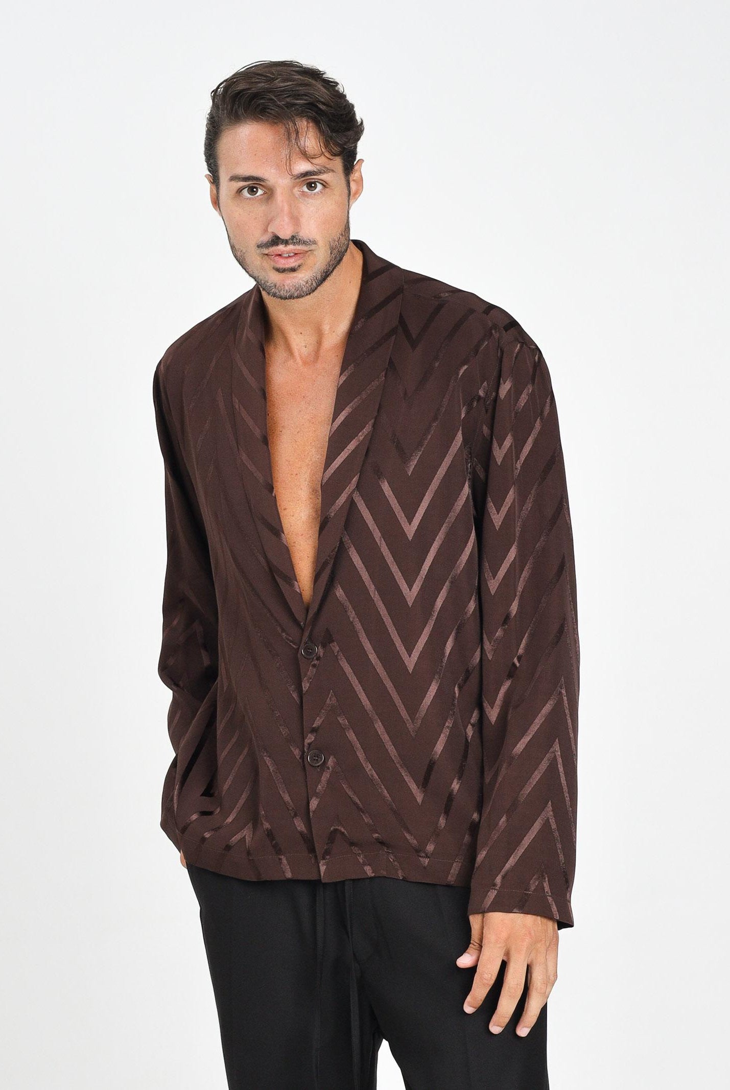 I'M BRIAN Camicia a manica lunga marrone da uomo con motivo a zig-zag CA3425 020 I'M BRIAN