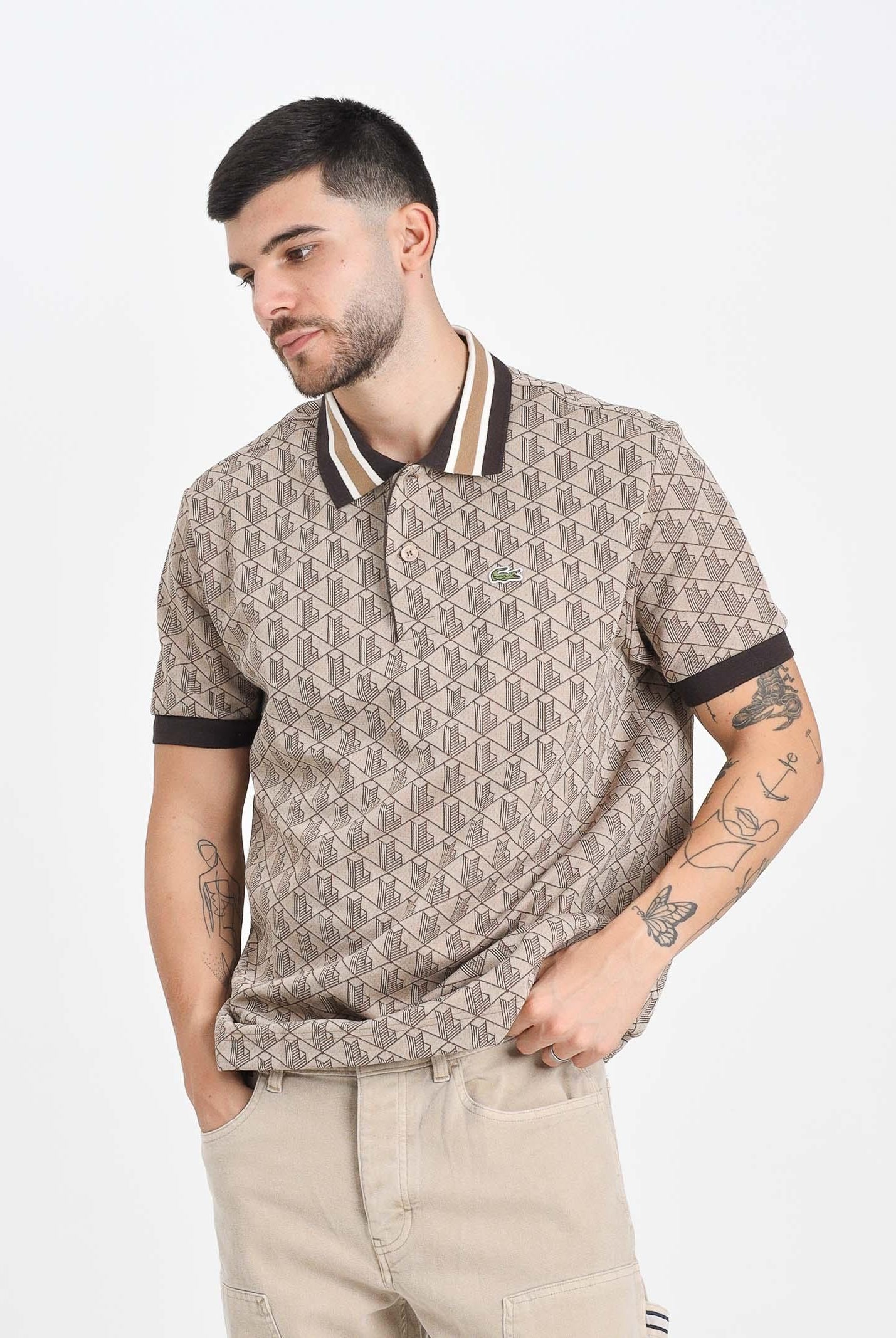 LACOSTE Polo a manica corta beige da uomo in jacquard con monogramma DH1417 6IR LACOSTE