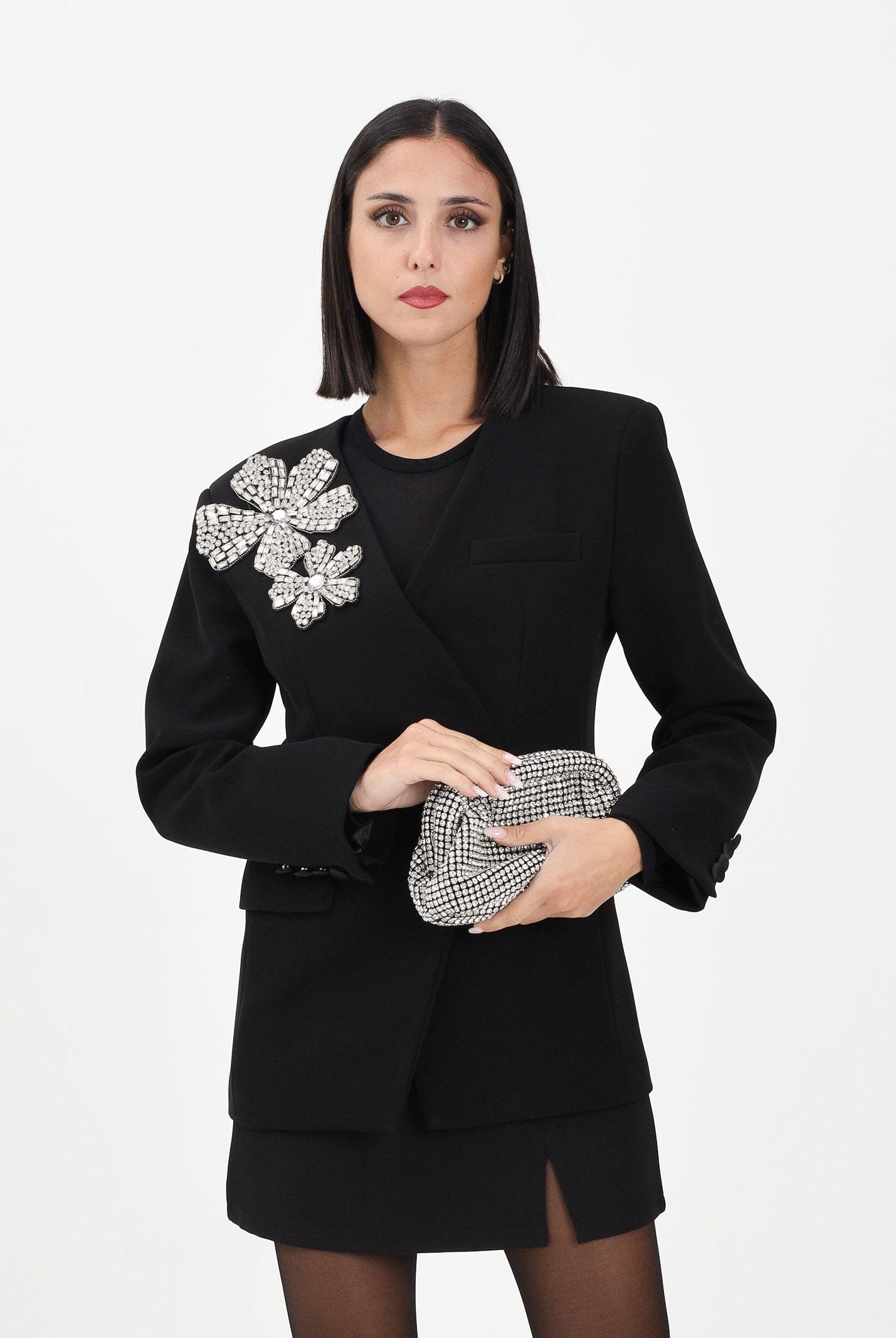 TPN Giacca doppiopetto Arlee nera da donna con applicazione fiore in strass ARLEE402W5 D6 TPN