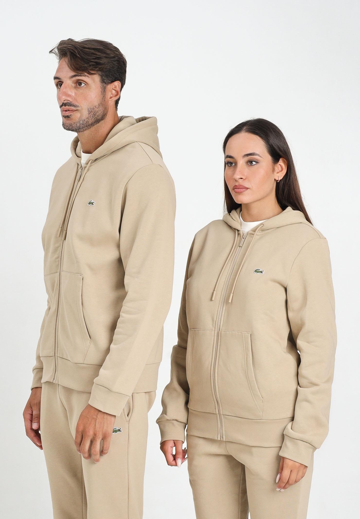 LACOSTE Felpa con zip beige per uomo e donna rifinita da ricamo coccodrillo SH9626 02S LACOSTE