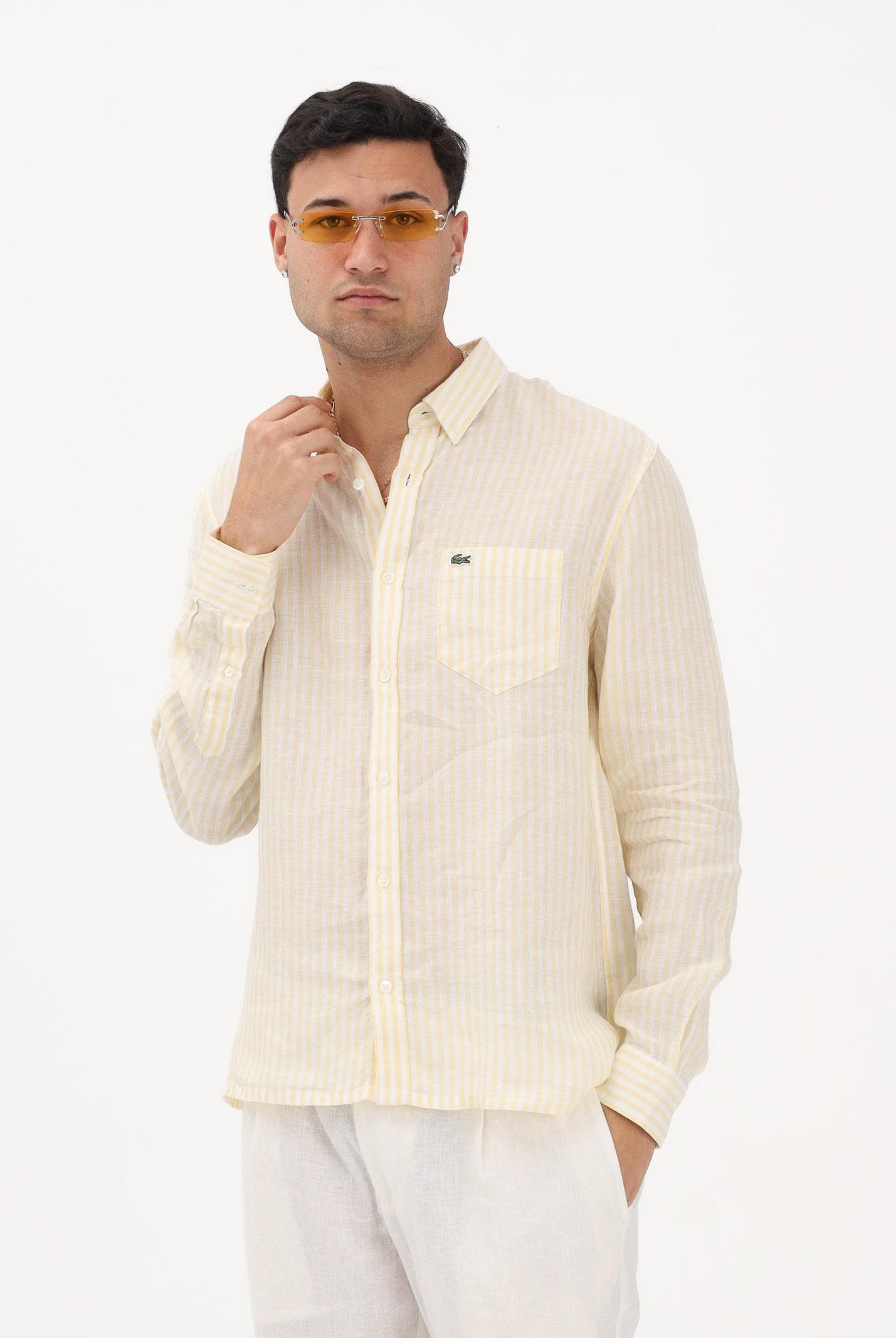 LACOSTE Camicia a manica lunga gialla e bianca da uomo con motivo a righe CH6985 2AI LACOSTE