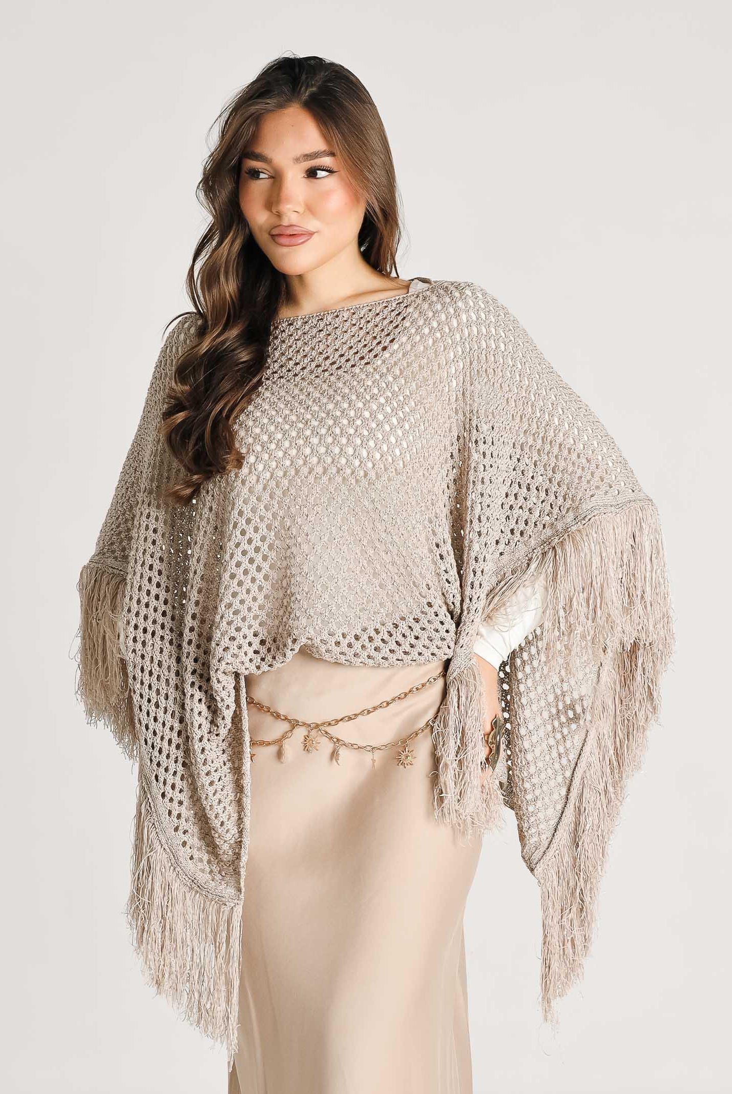 AKEP Mantella beige da donna con frange ACKD13039 V3 AKEP