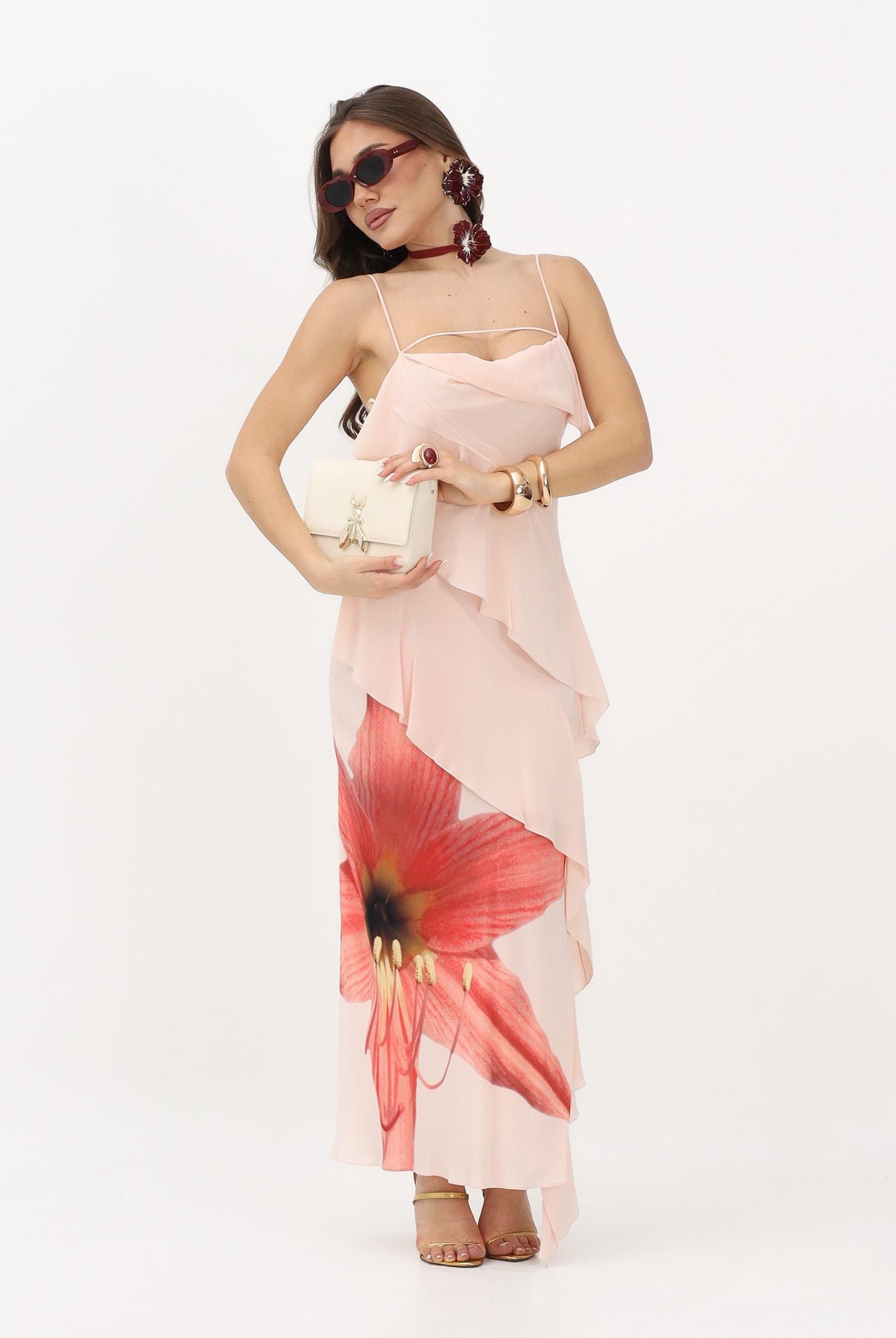 PATRIZIA PEPE Abito lungo rosa da donna con rouche e stampa Flower 2A3090A765 J510 PATRIZIA PEPE