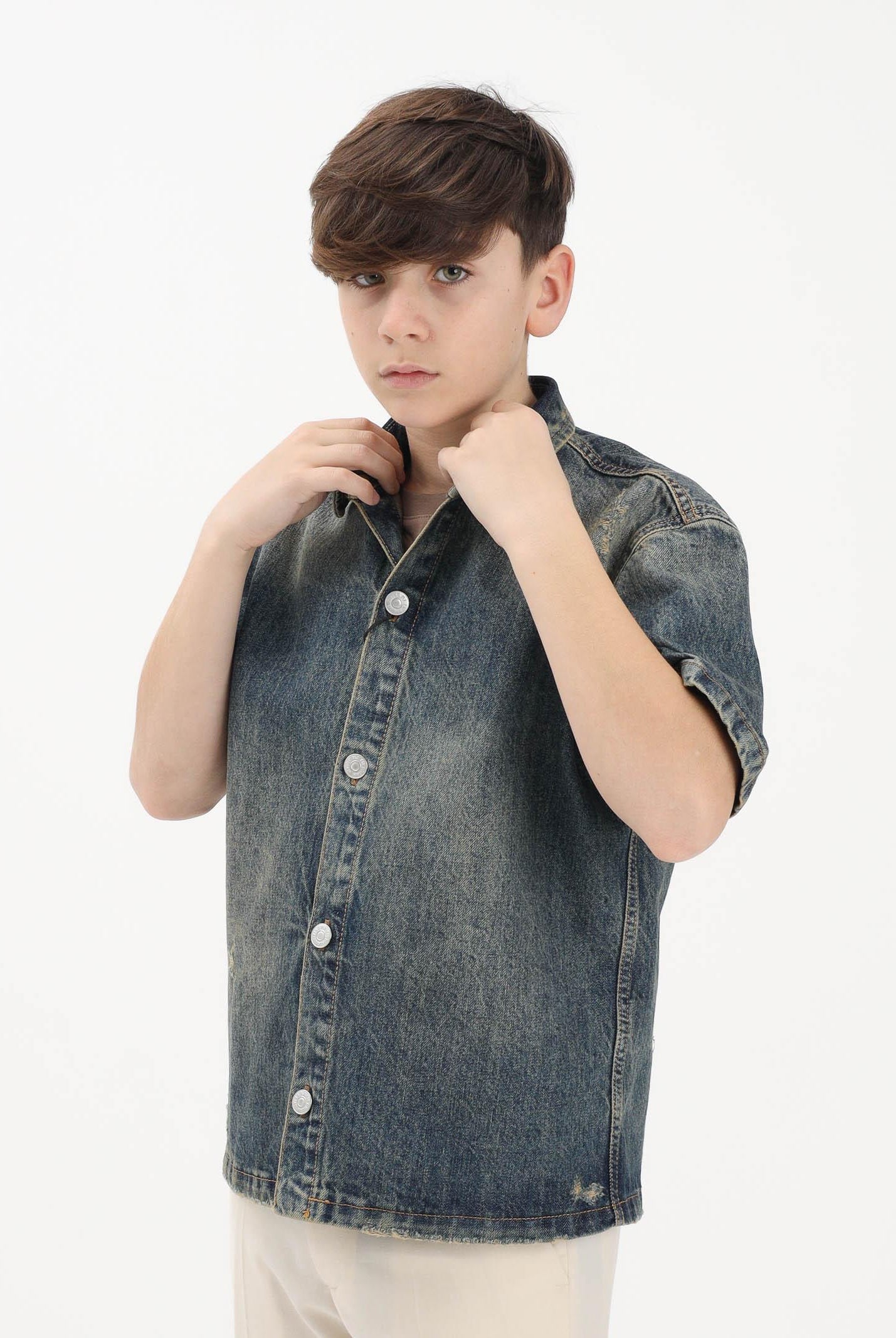 I'M BRIAN Camicia a manica corta in denim sabbiato da bambino CA3653J 0028 I'M BRIAN