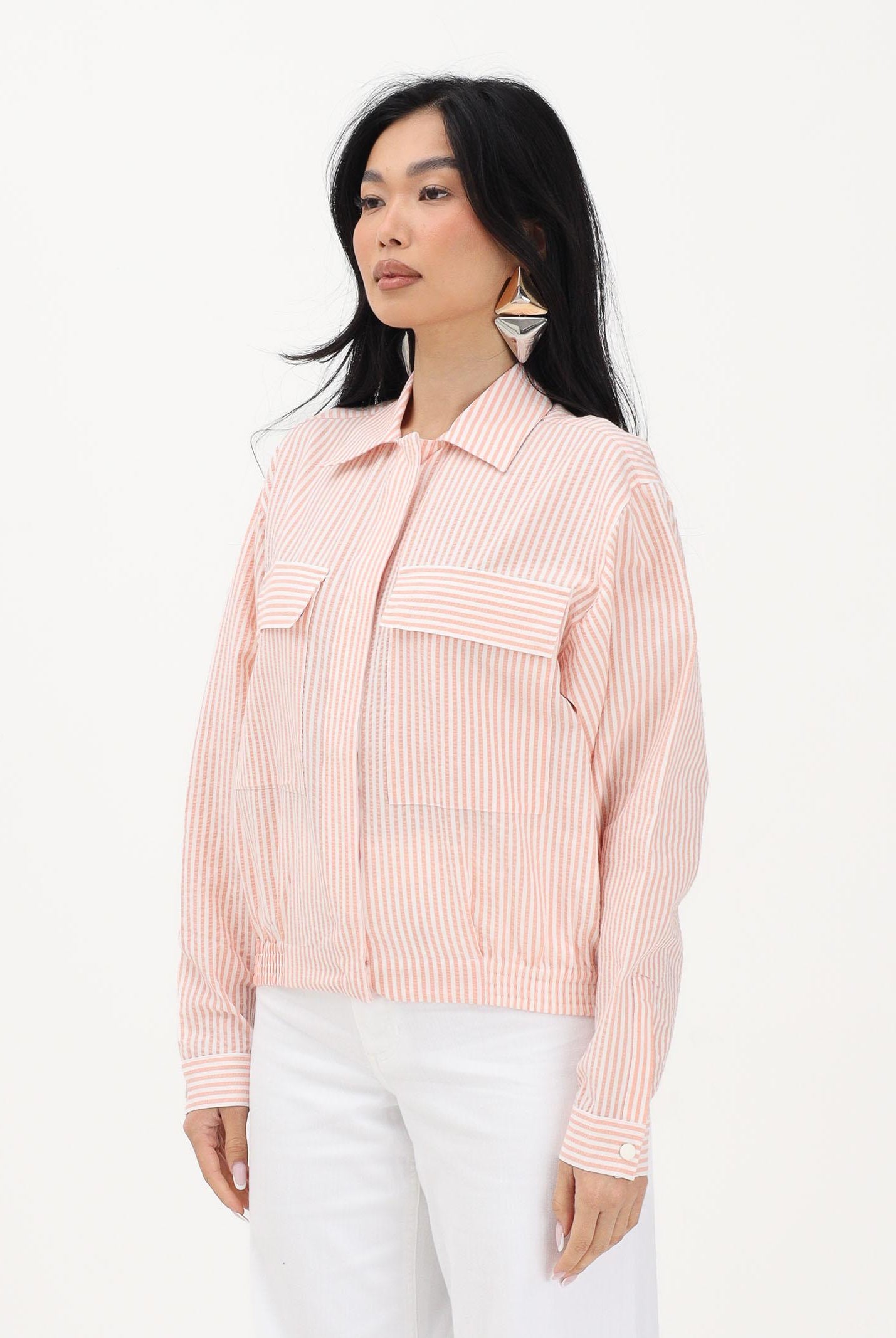 LACOSTE Camicia a manica lunga bianca e salmone da donna a righe in seersucker<BR/> BF1036 RNI LACOSTE
