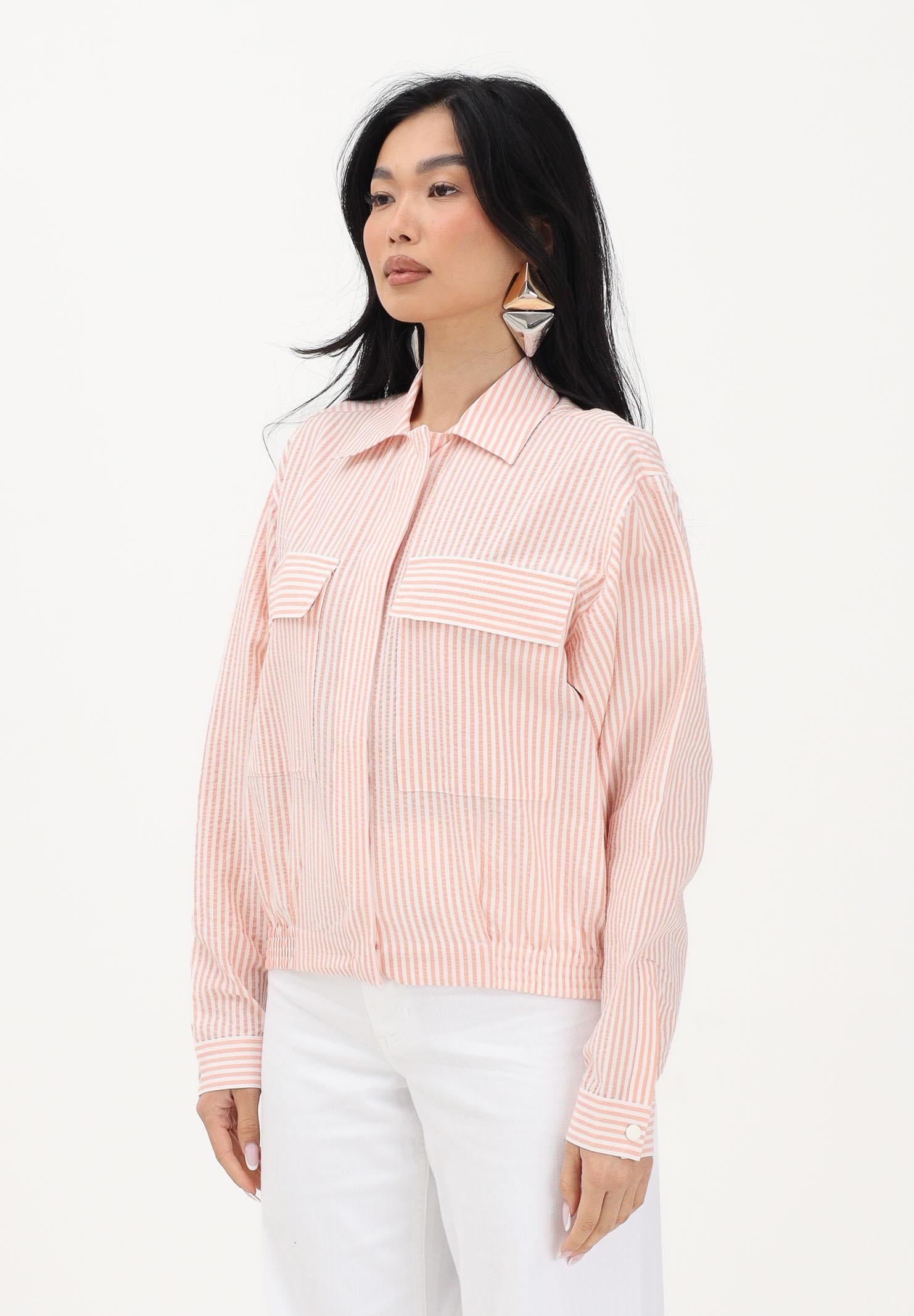LACOSTE Camicia a manica lunga bianca e salmone da donna a righe in seersucker<BR/> BF1036 RNI LACOSTE