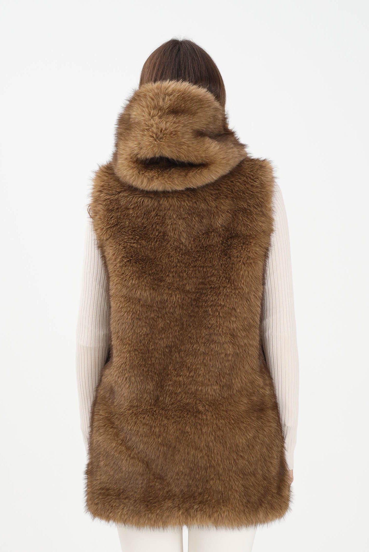 MEHRAN Pelliccia smanicata beige da donna con cappuccio 25296BIS BIS MEHRAN