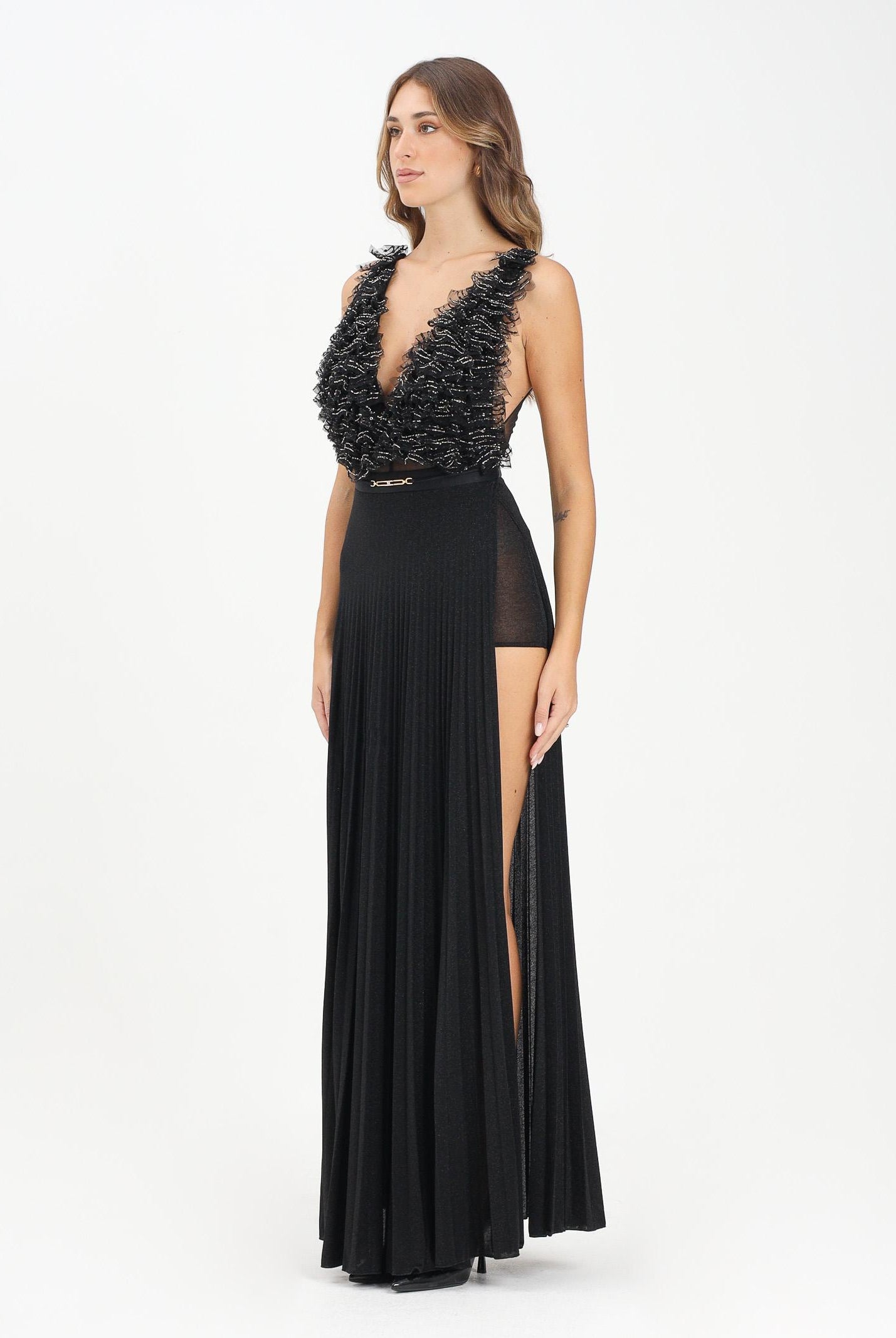 ELISABETTA FRANCHI Abito lungo nero da donna in tulle e jersey con cristalli<BR/> ABR1957E2 110 ELISABETTA FRANCHI