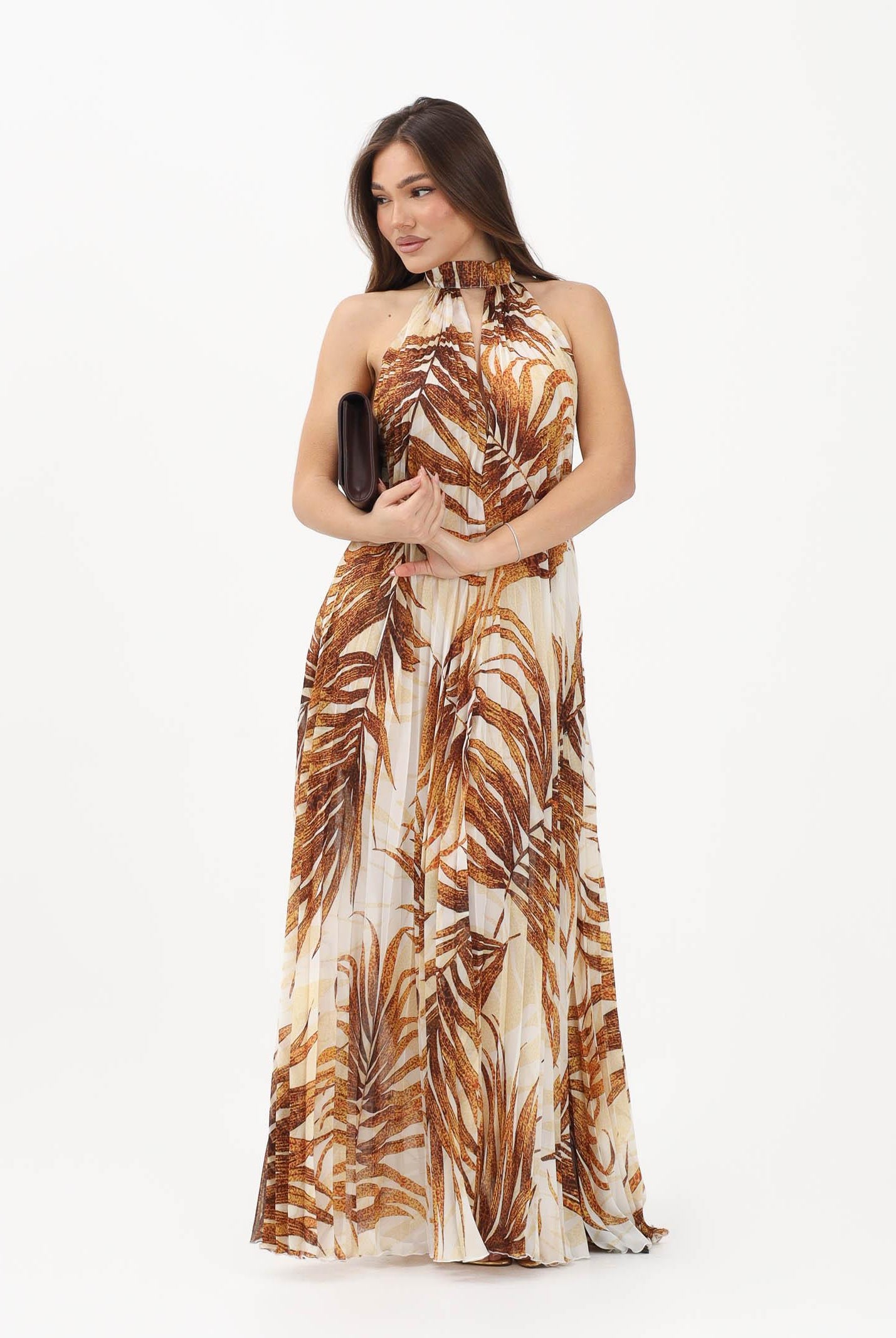 JUST CAVALLI Abito lungo beige da donna con stampa di foglie stilizzate 80PAO955NS775 638 JUST CAVALLI