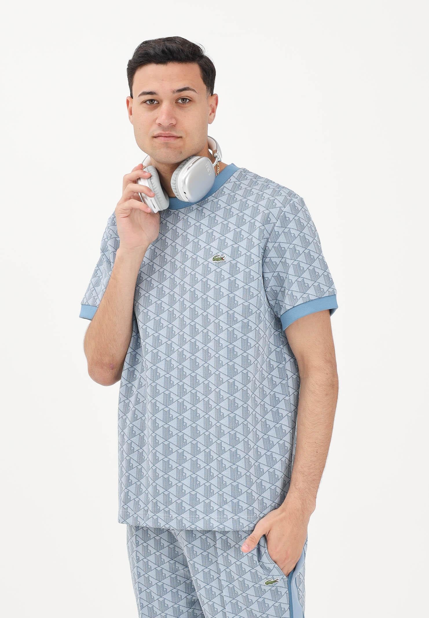 LACOSTE T-shirt a manica corta azzurra da uomo con monogramma jacquard TH1197 1QI LACOSTE