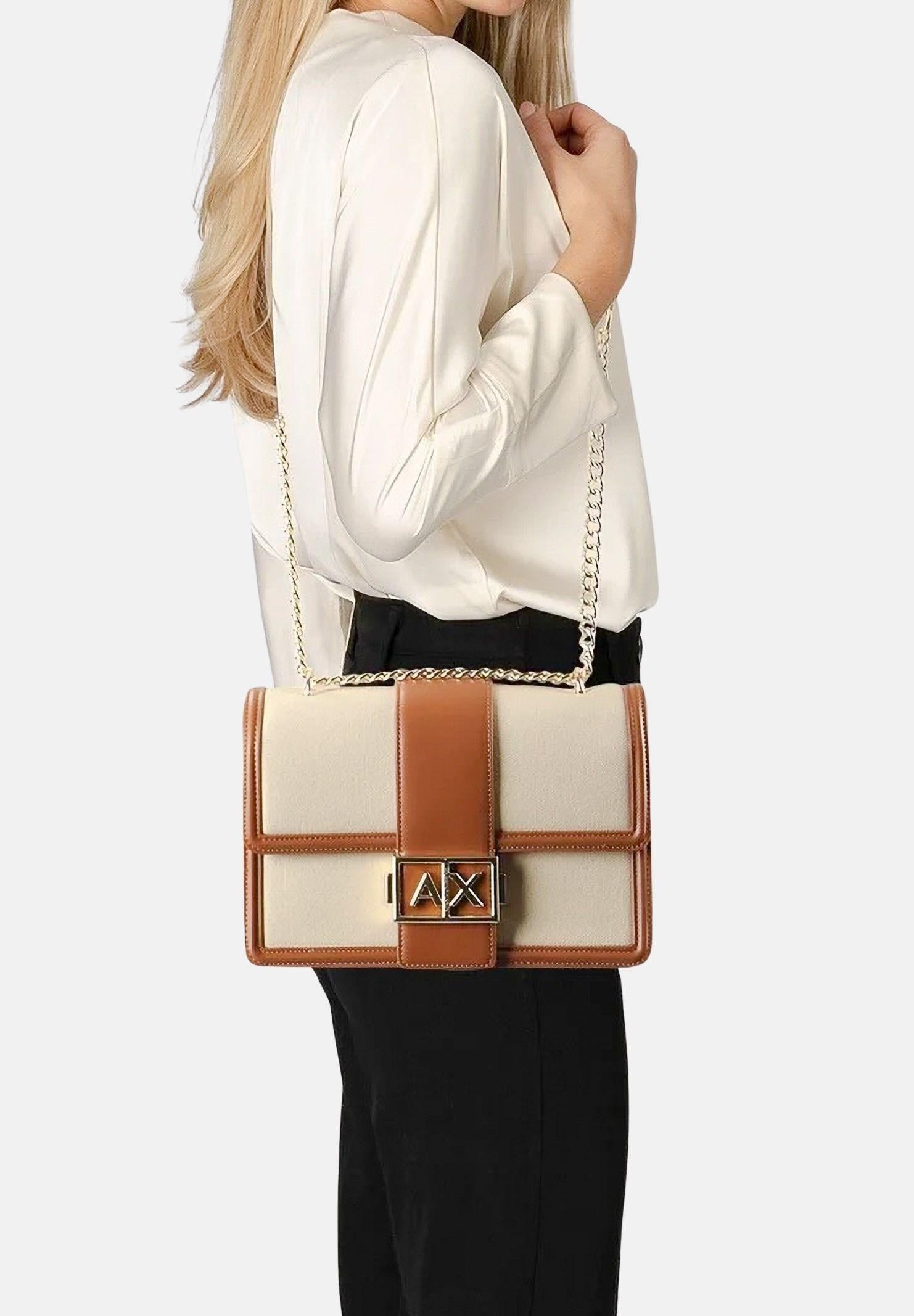 ARMANI EXCHANGE Borsa a tracolla beige e cuoio da donna con fibbia logo XW000070AF22570 M6261 ARMANI EXCHANGE