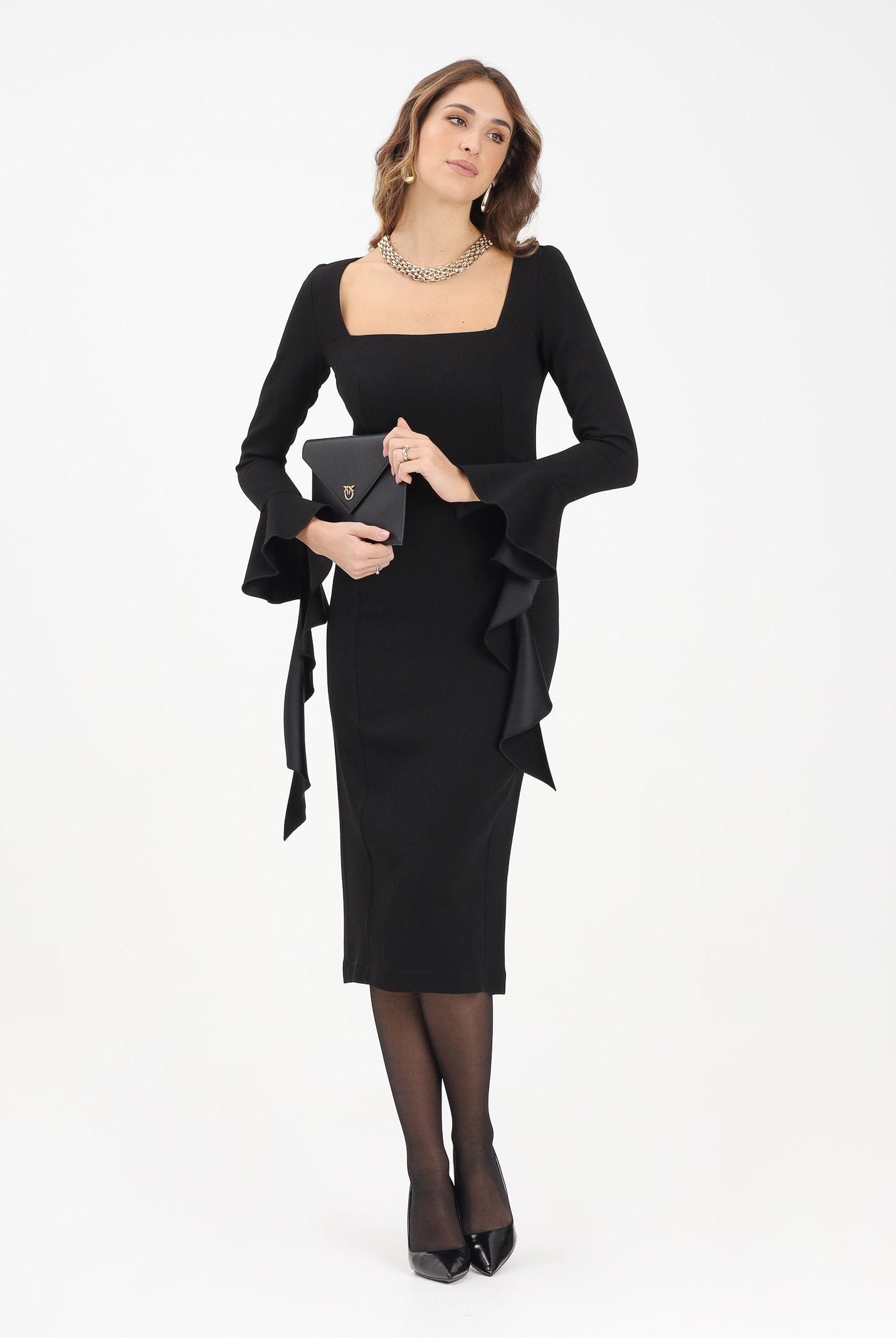 PINKO Abito midi nero da donna con volant<BR/><BR/> 105736A2Q2 Z99 PINKO