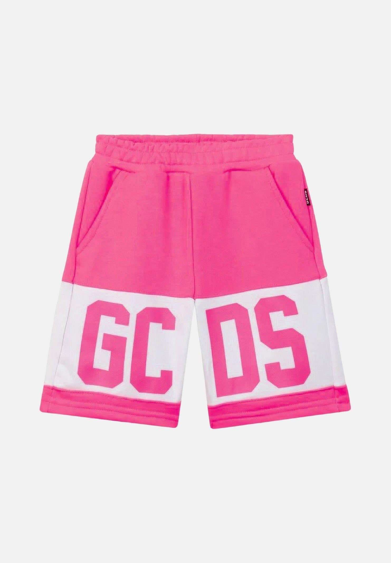 GCDS Shorts fucsia per bambino e bambina con banda bianca e logo Z0UKQL589F004 566A GCDS