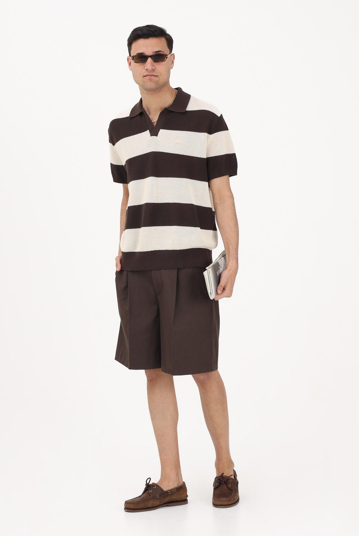 LACOSTE Polo in maglia marrone e panna da uomo AH2561 4I9 LACOSTE
