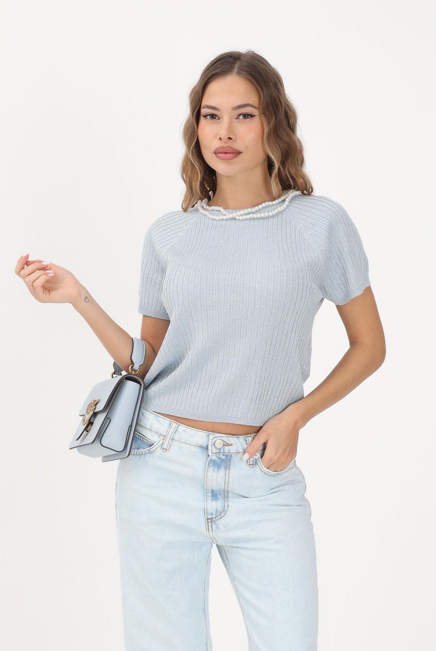 JDY Maglia girocollo azzurra da donna in filo 15334641 CABLW JDY