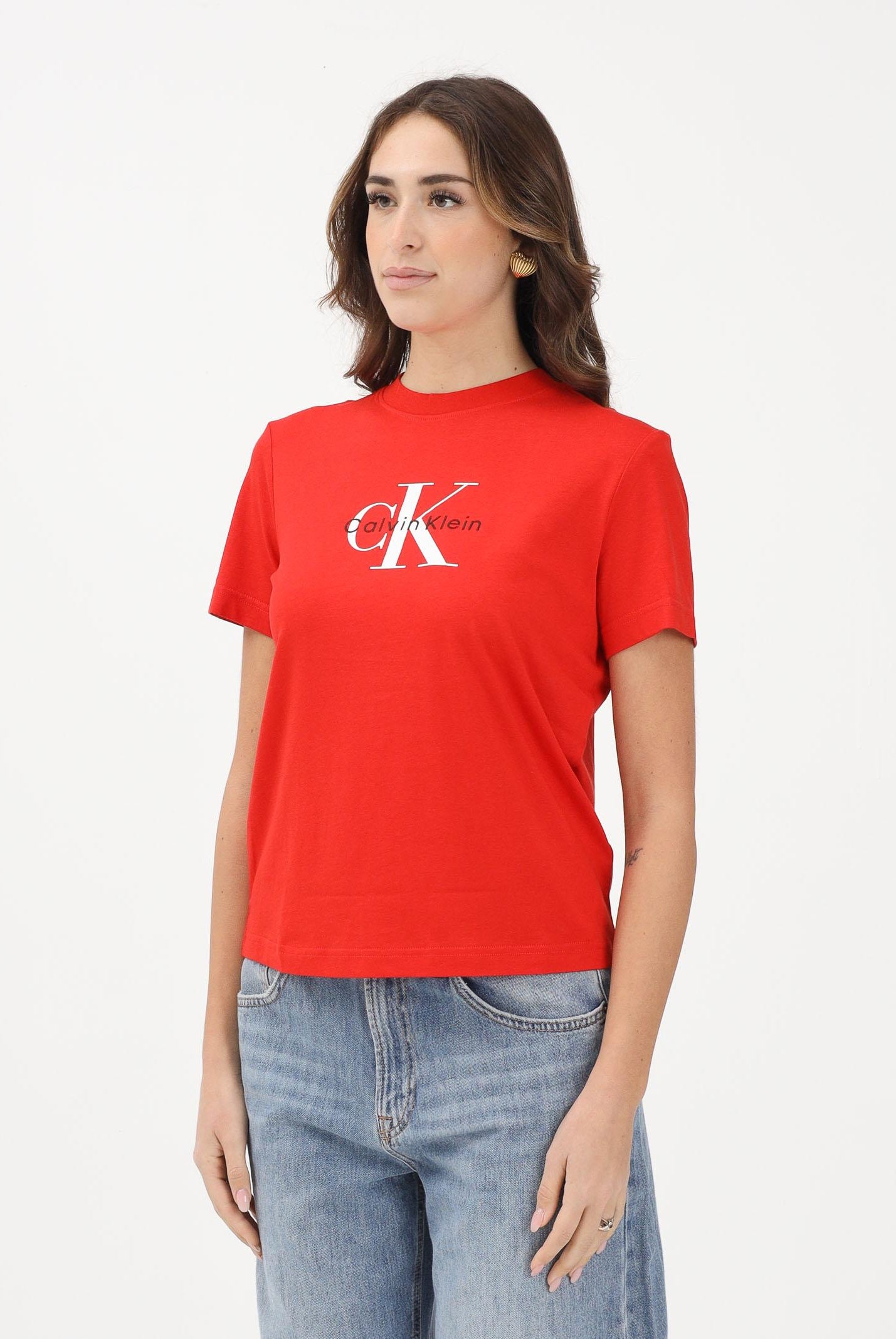 CALVIN KLEIN JEANS T-shirt a manica corta rossa da donna con logo LV047B865GVMT . CALVIN KLEIN JEANS