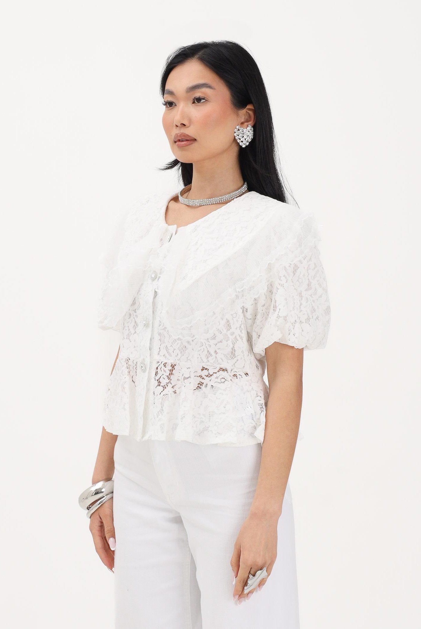 TPN Camicia a manica corta in pizzo bianco da donna FRODYCE232S6 D7 TPN