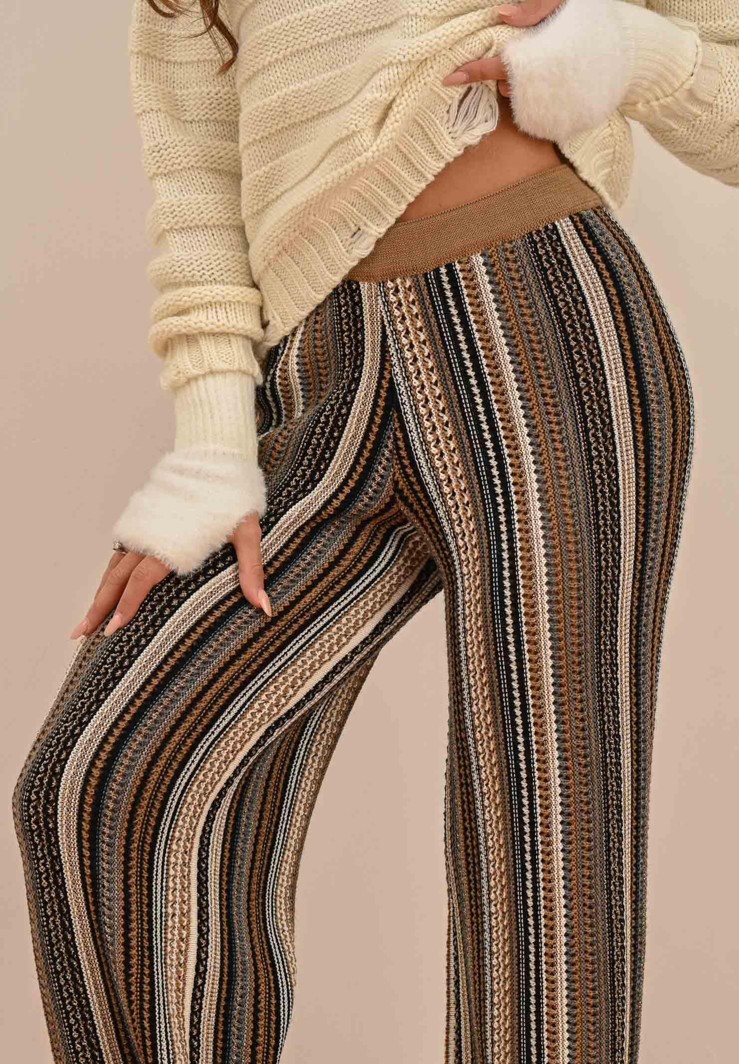 AKEP Pantalone a gamba dritta in maglia lavorata con righe multicolor da donna PTKD11003 V2 AKEP