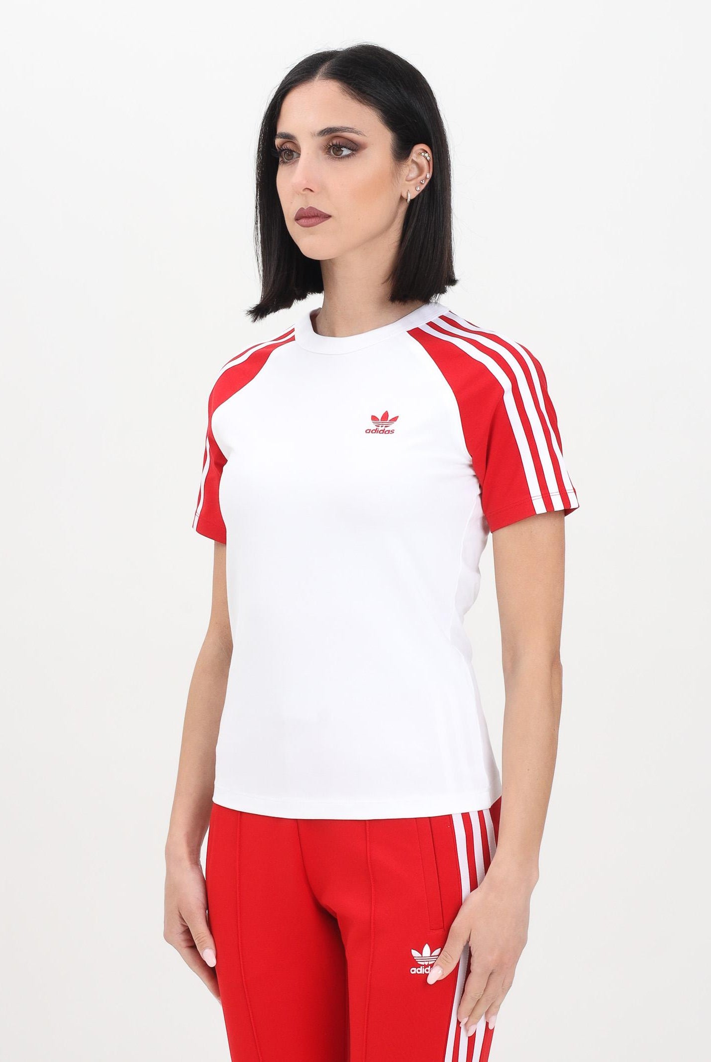 ADIDAS ORIGINALS T-shirt a manica corta Adicolor 3-Stripes Raglan Slim bianca e rossa da donna JD0835 ADIDAS ORIGINALS