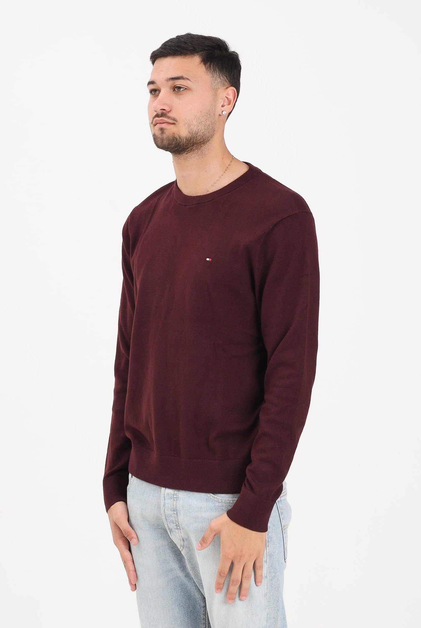 TOMMY HILFIGHER Maglioncino girocollo bordeaux da uomo con ricamo bandierina Tommy Hilfigher MW0MW28046XIH TOMMY HILFIGER