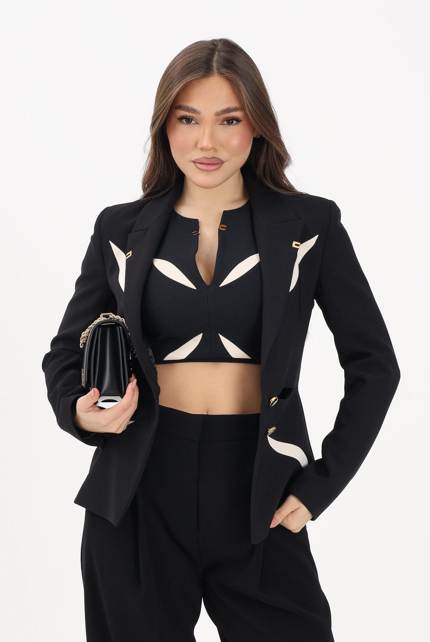 ELISABETTA FRANCHI Giacca monopetto nera e burro da donna con cut-out bicolore GI19861E2 685 ELISABETTA FRANCHI