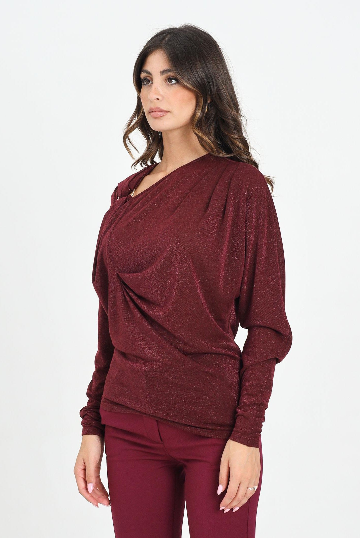 SIMONA CORSELLINI Maglia a manica lunga in tessuto lurex bordeaux da donna con anello metallico A25CPMG00701-C00137 V0741 SIMONA CORSELLINI