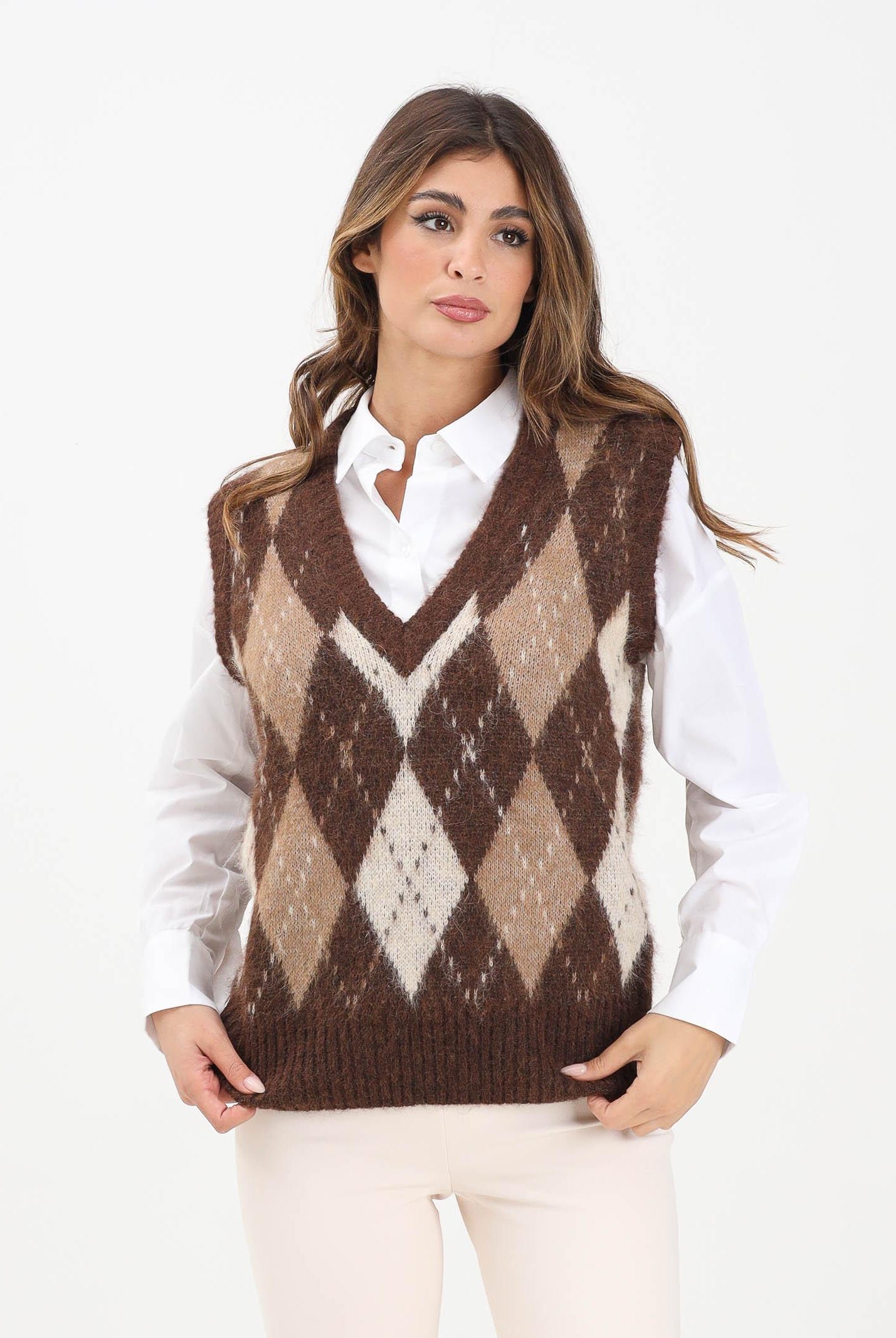 ONLY Gilet da donna con motivo argyle nei toni caldi del marrone, beige e panna 15353229 Chestnut ONLY