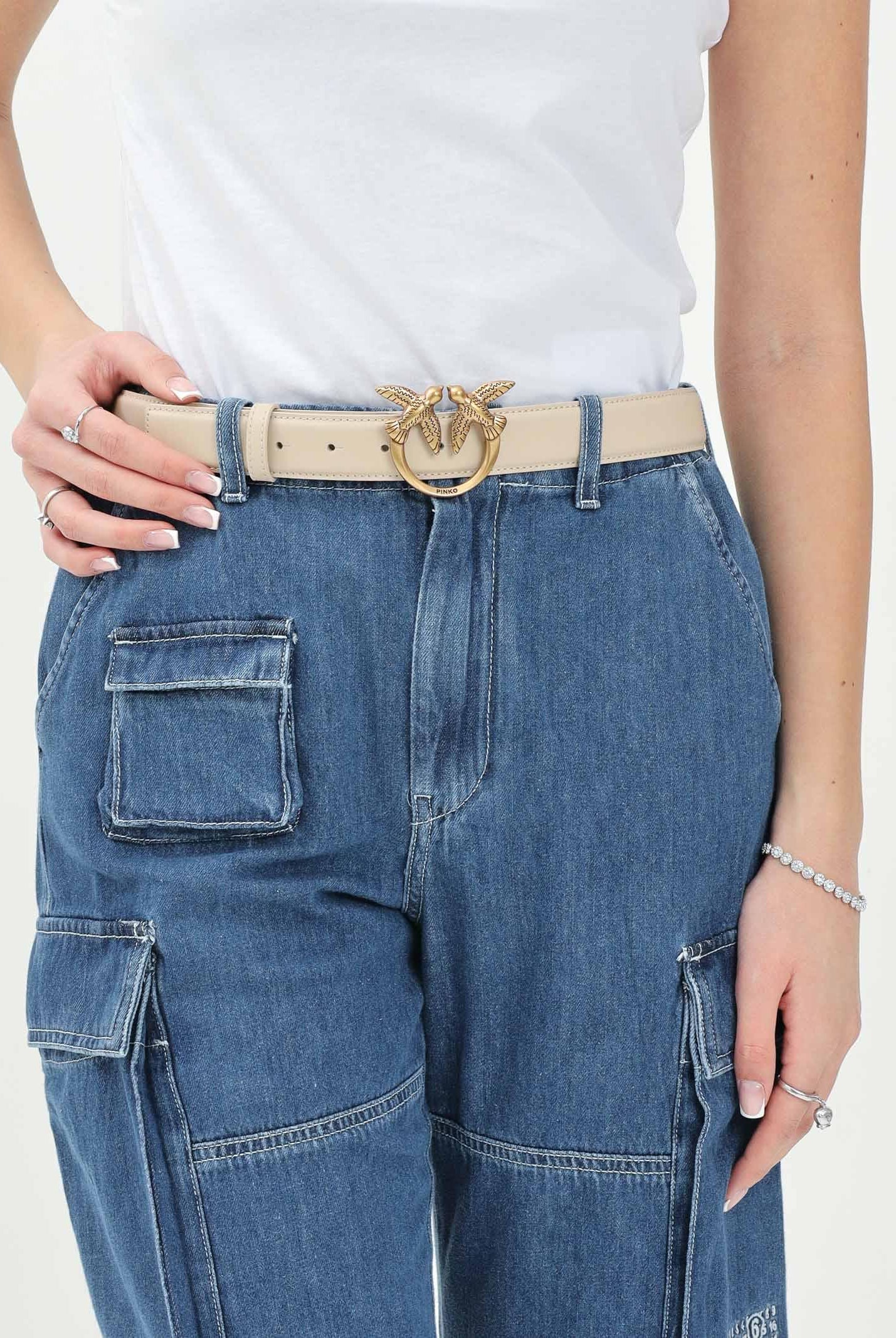 PINKO Cintura Love Birds in morbida pelle mano seta beige da donna 100125A0F1 C50Q PINKO