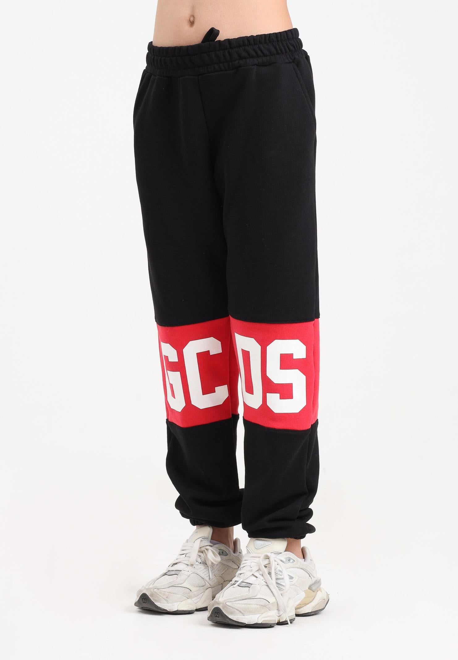 GCDS Pantalone sportivo nero per donna, ragazzi e bambini con fascia a contrasto e logo B2JU3017BA2 99 GCDS