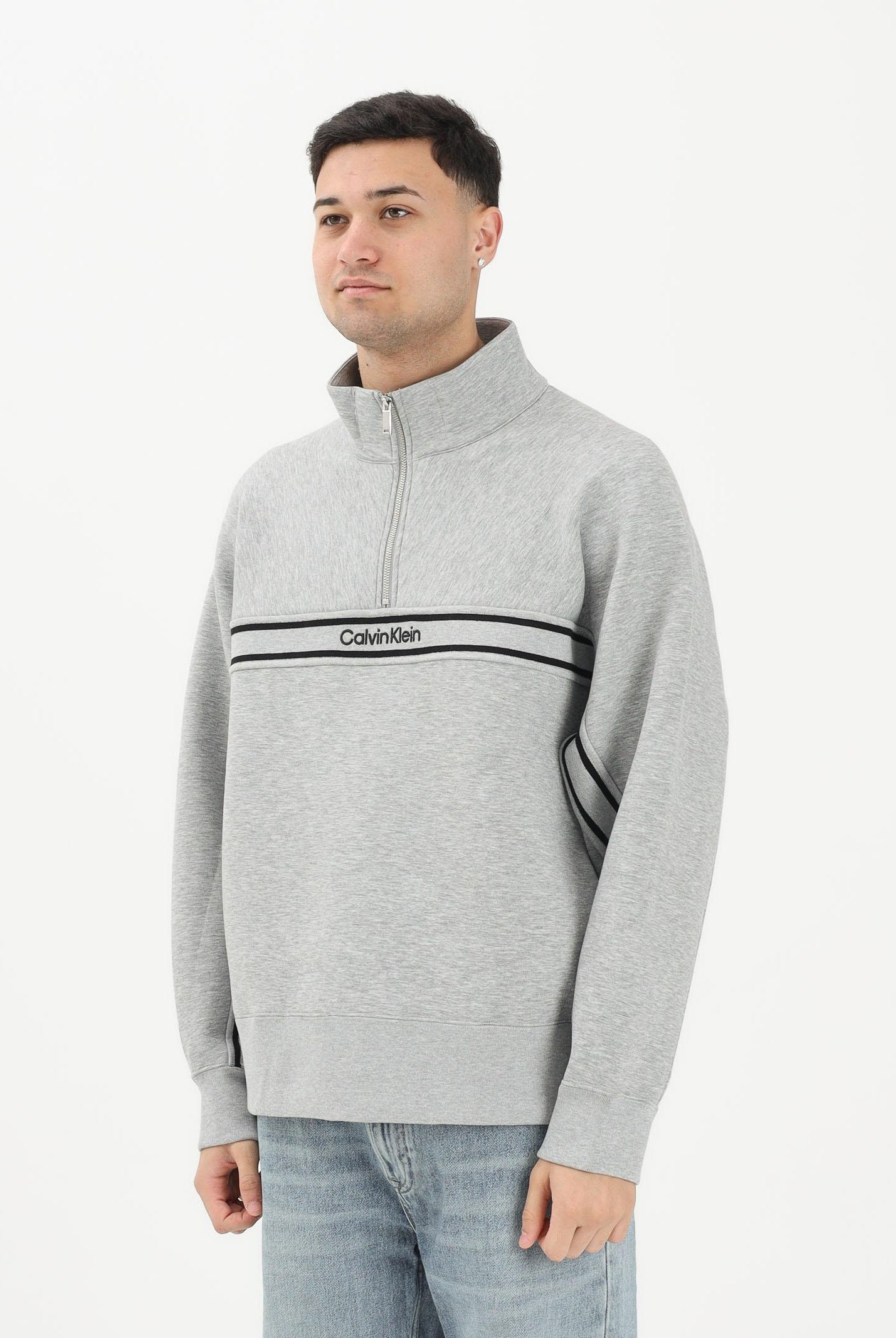 CALVIN KLEIN JEANS Felpa a mezza zip grigia da uomo con logo LV04RE221GP79 . CALVIN KLEIN JEANS