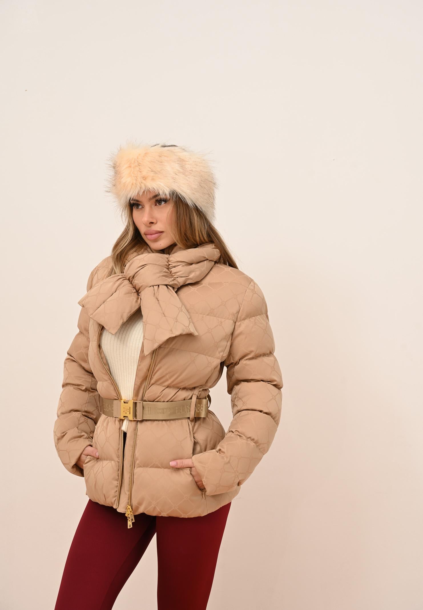 ELISABETTA FRANCHI Piumino beige da donna in tessuto vela jacquard con cintura PI83D56E2 EA2 ELISABETTA FRANCHI