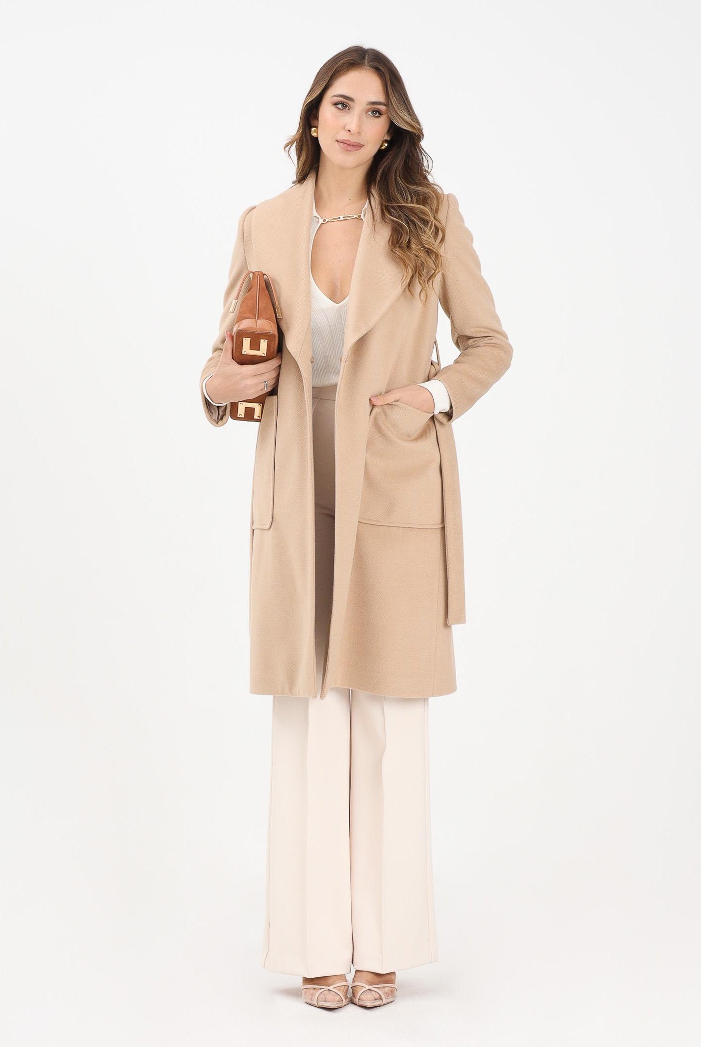 YES LONDON Cappotto beige da donna con dettagli in vera pelliccia CD1227 CA YES LONDON
