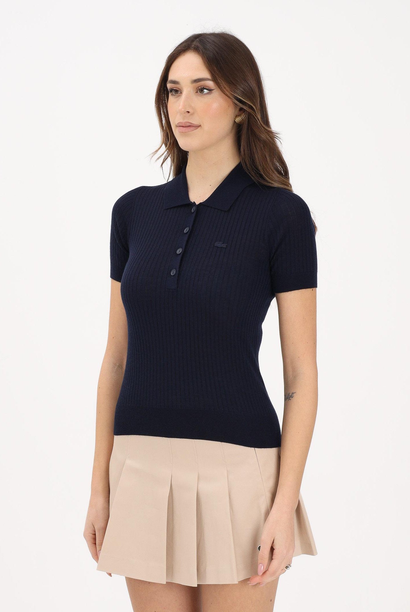 LACOSTE Polo in maglia blu da donna a coste 3D AF9984 166 LACOSTE