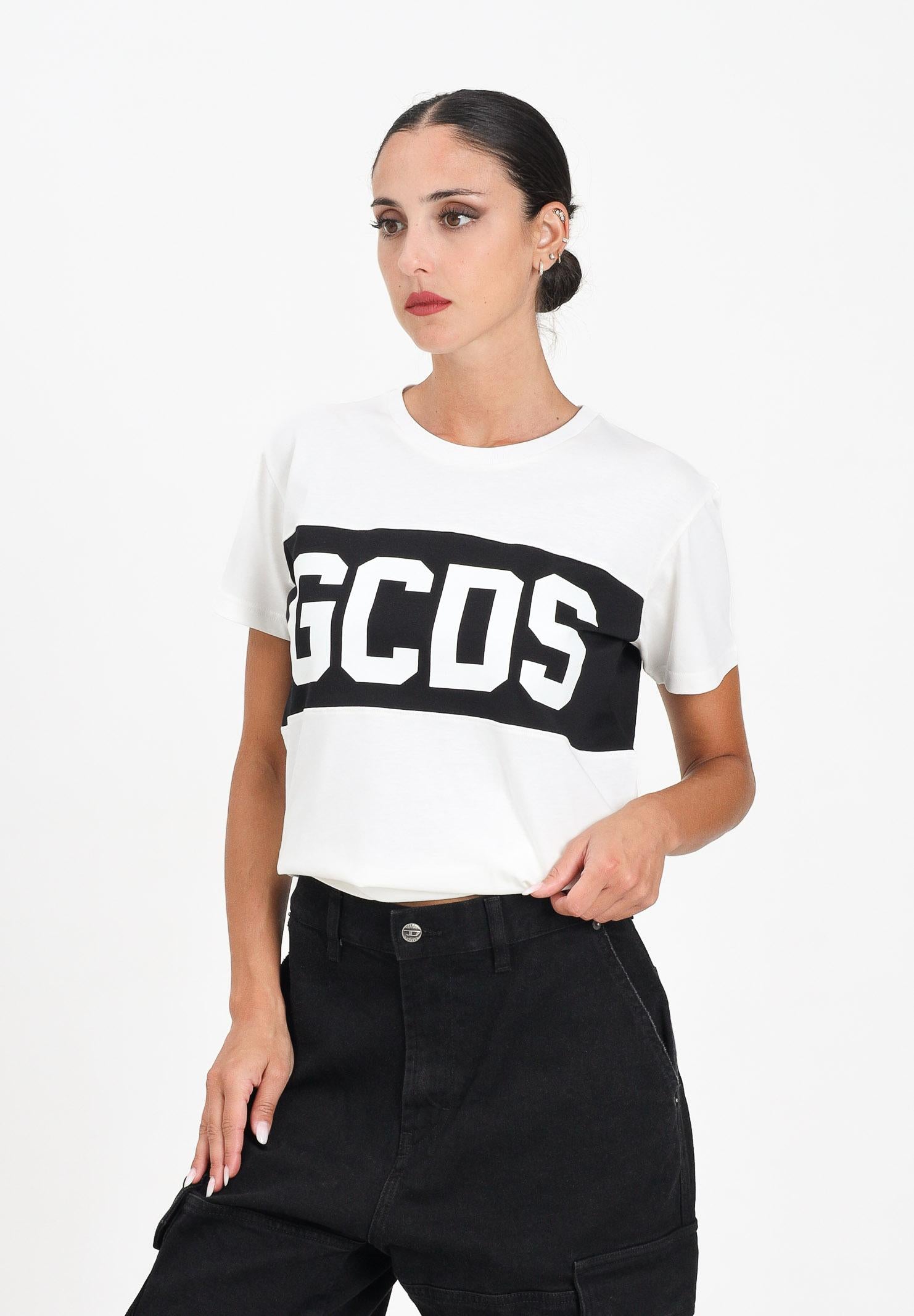 GCDS T-shirt a manica corta bianca per donna, ragazzi e bambini con fascia nera logata B2JU2329JF1 15 GCDS