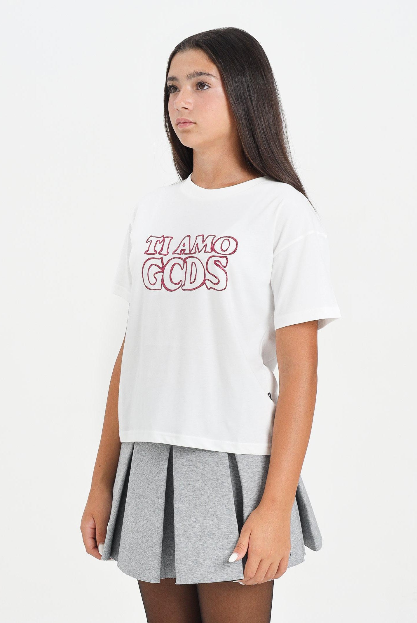 GCDS T-shirt a manica corta bianca per donna e bambina con stampa glitterata TI AMO GCDS B2JW2335BA3 15 GCDS