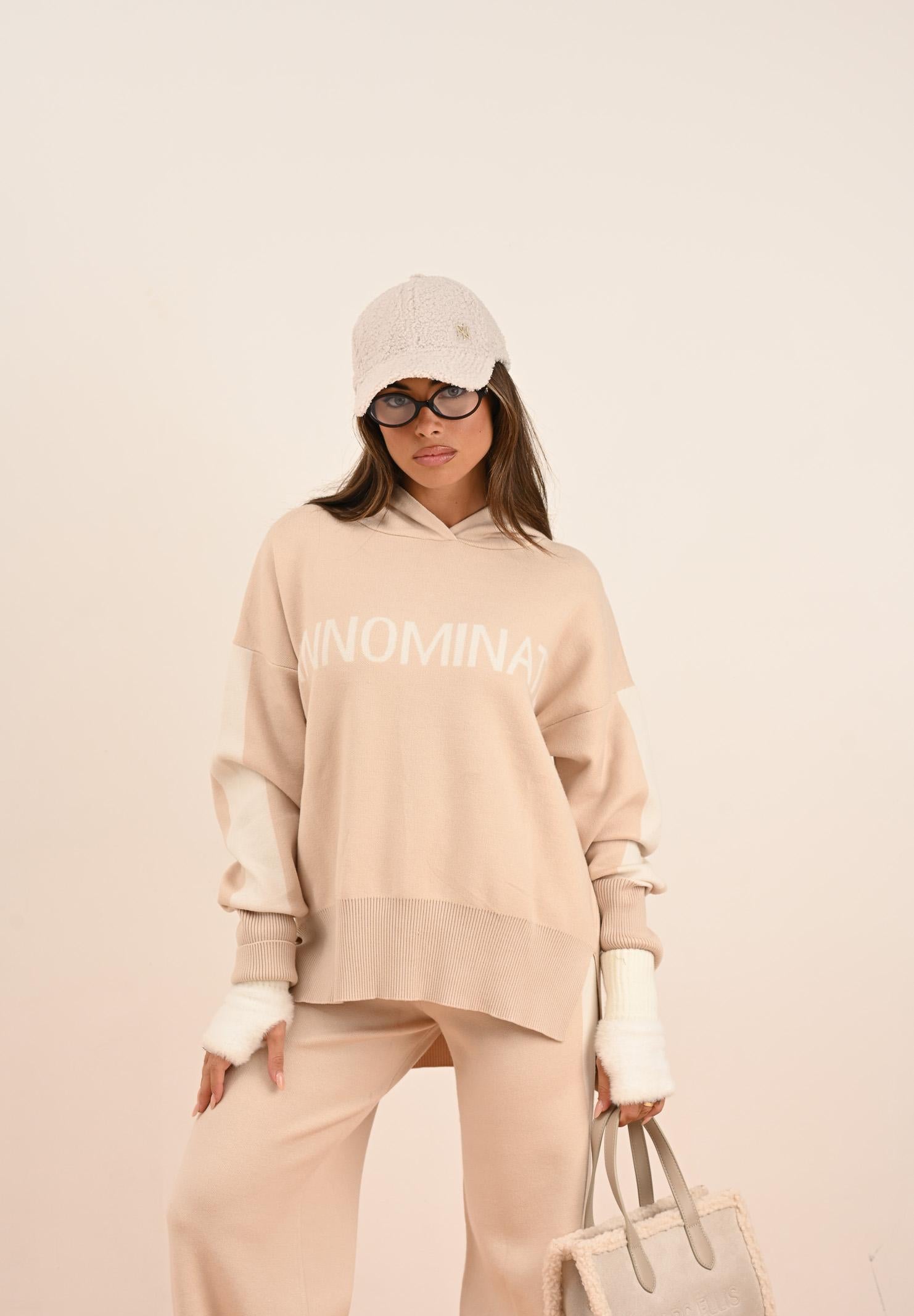 HINNOMINATE Maglia con cappuccio beige da donna con bande e logo HMABW02124 BE11 HINNOMINATE