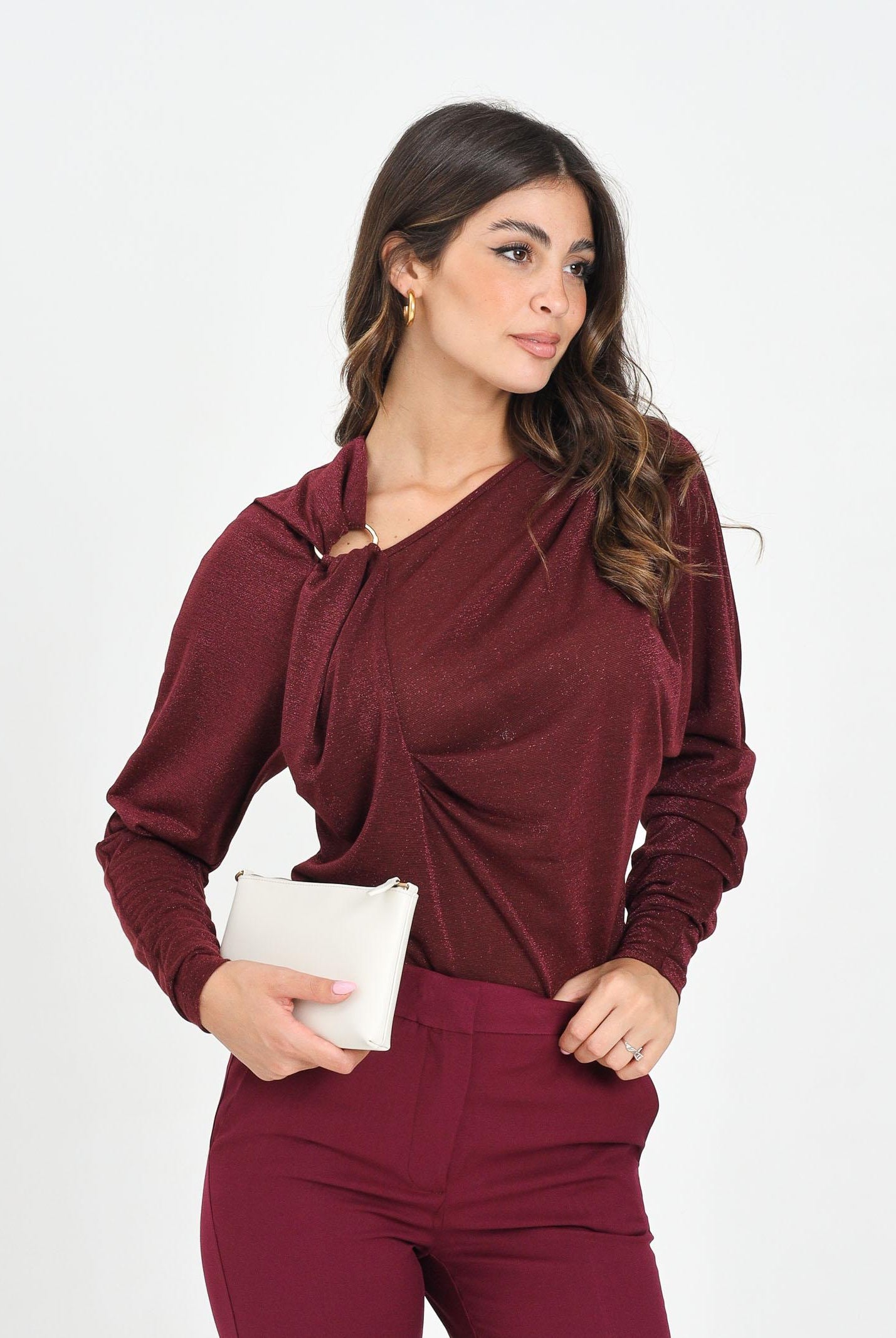 SIMONA CORSELLINI Maglia a manica lunga in tessuto lurex bordeaux da donna con anello metallico A25CPMG00701-C00137 V0741 SIMONA CORSELLINI